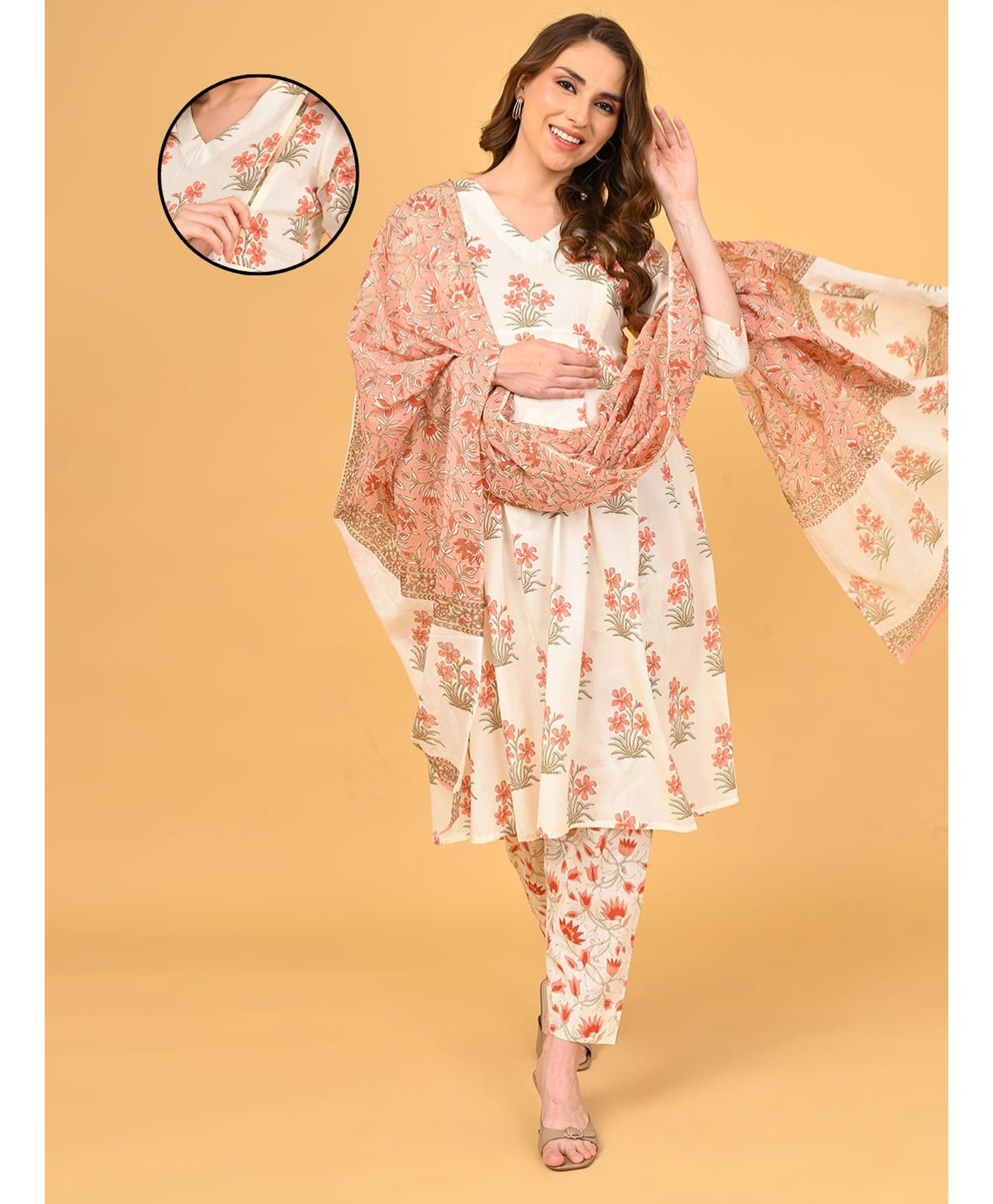 The Mom Store Cotton Woven Three Fourth Sleeves Floral Printed Maternity Kurti With Side Zipper Nursing Access With Pant & Dupatta Set - Off-White