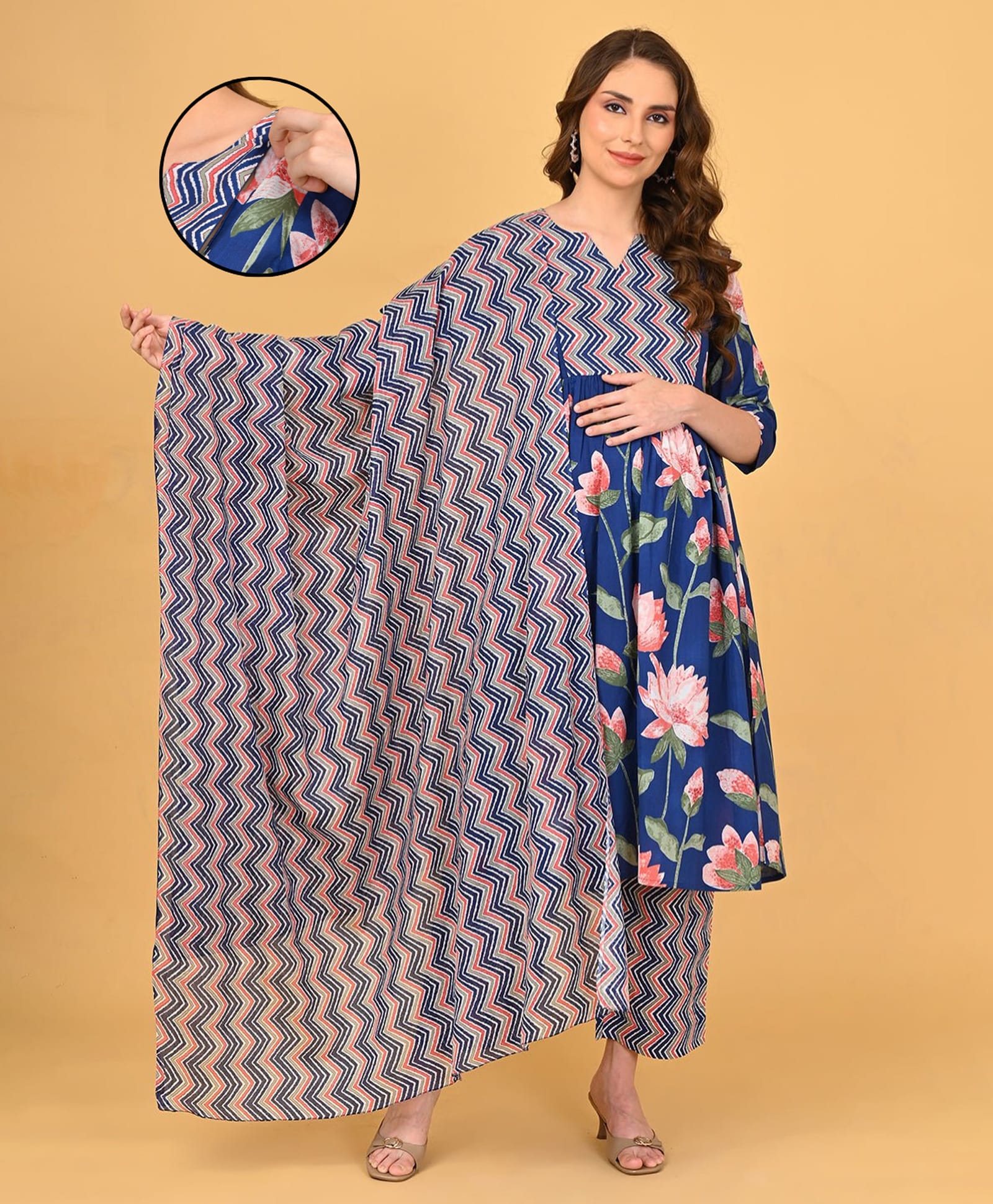 The Mom Store Cotton Woven Three Fourth Sleeves Floral Printed Maternity Kurti With Side Zipper Nursing Access With Pant & Dupatta Set - Navy Blue