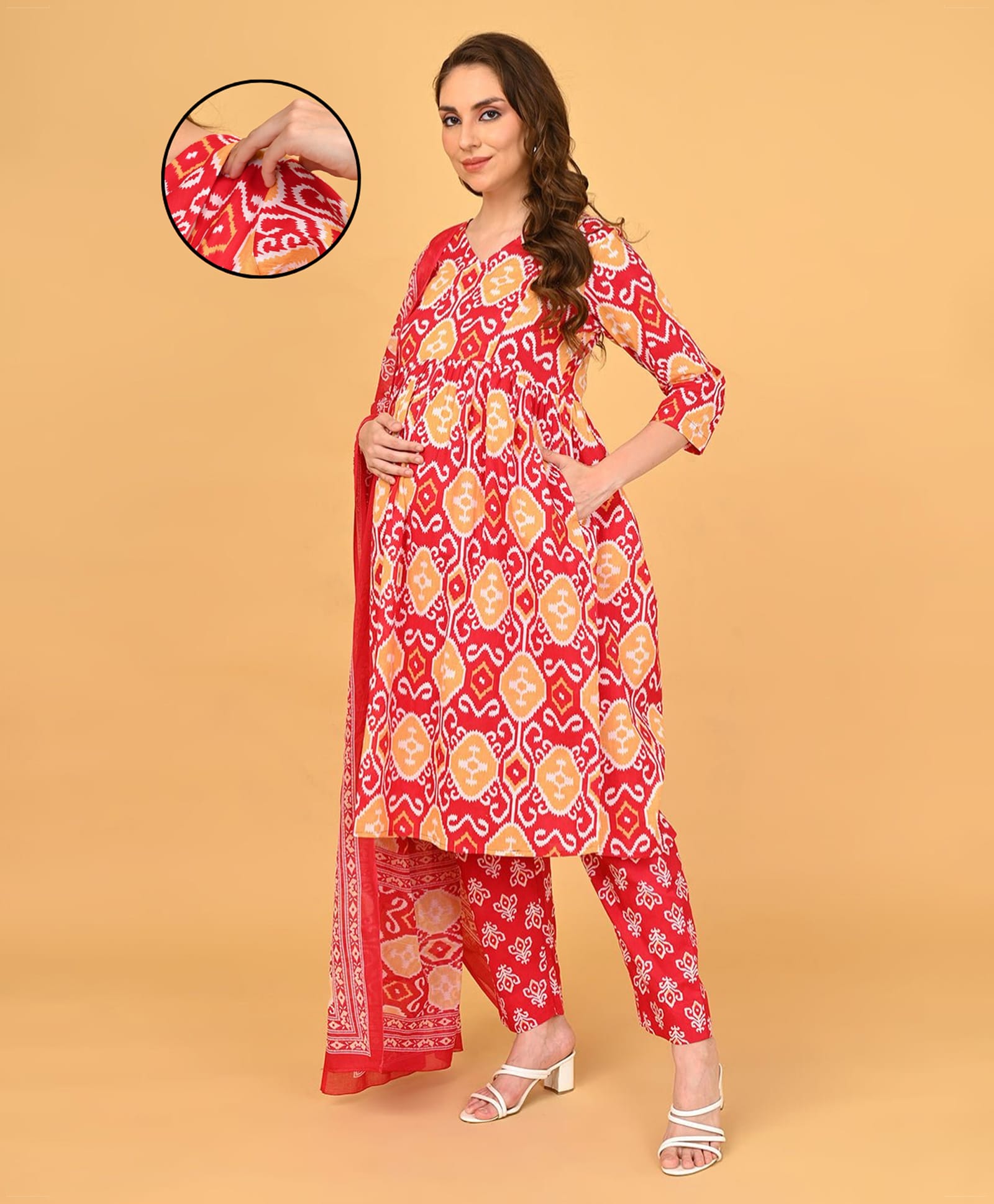 The Mom Store Cotton Woven Three Fourth Sleeves Abstract Printed Maternity Kurti With Side Zipper Nursing Access With Pant & Dupatta Set - Pink-image-42