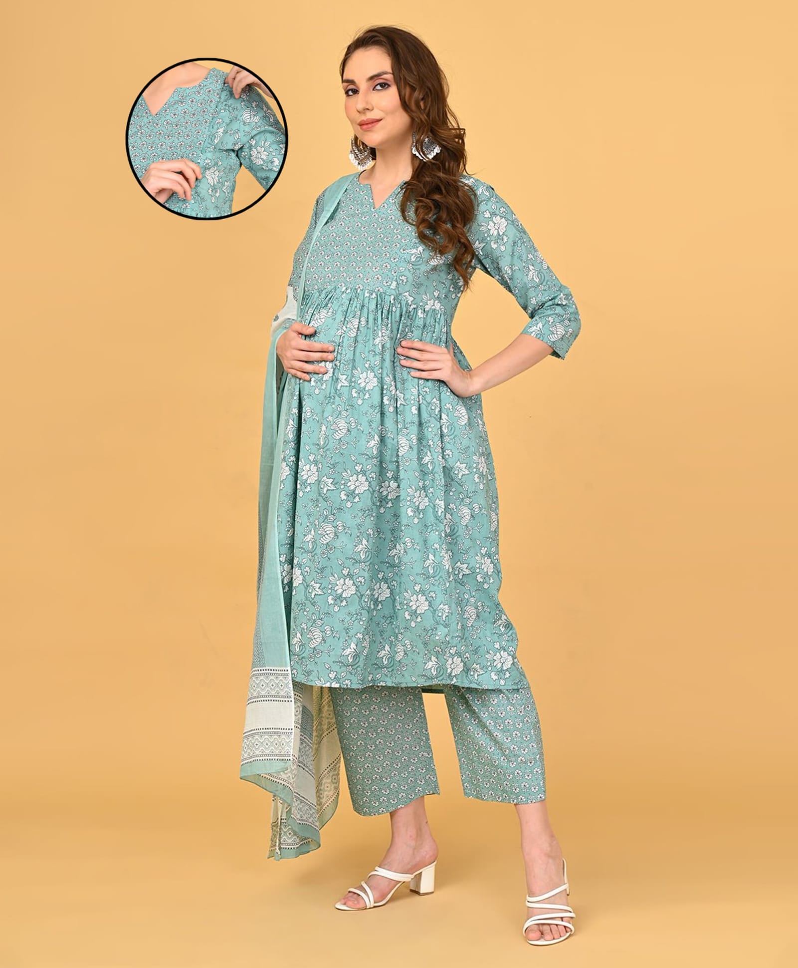 The Mom Store Cotton Woven Three Fourth Sleeves Floral Printed Maternity Kurti With Side Zipper Nursing Access With Pant & Dupatta Set- Sage Green-image-37