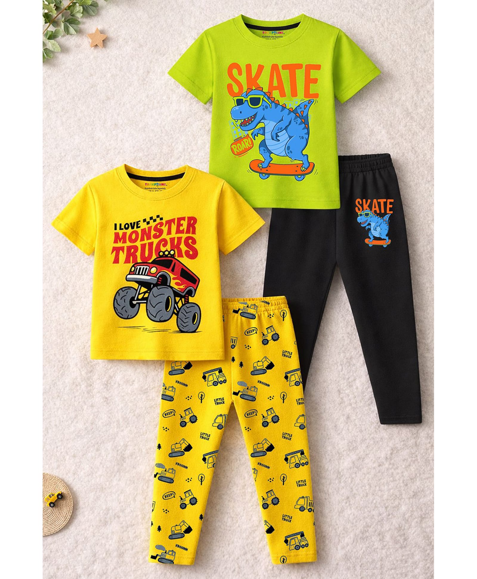 Trampoline Cotton Blend Knit Pack Of 2 Half Sleeves I Love Monster Trucks Text & Dinosaur Printed Tees & Pajamas Night Suits - Yellow Green & Black-image-35