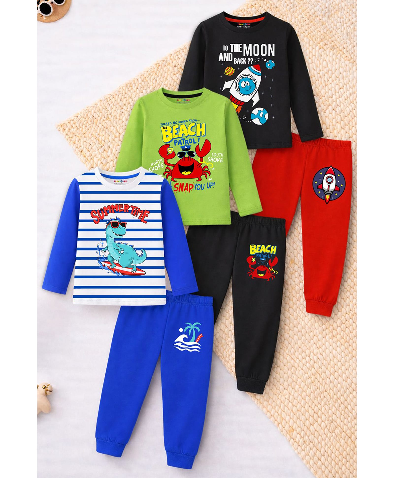 Trampoline Cotton Blend Knit Pack Of 3 Full Sleeves Space Theme Crab & Dinosaur Printed Tees & Pajamas Night Suits - Multi Colour-picture-12