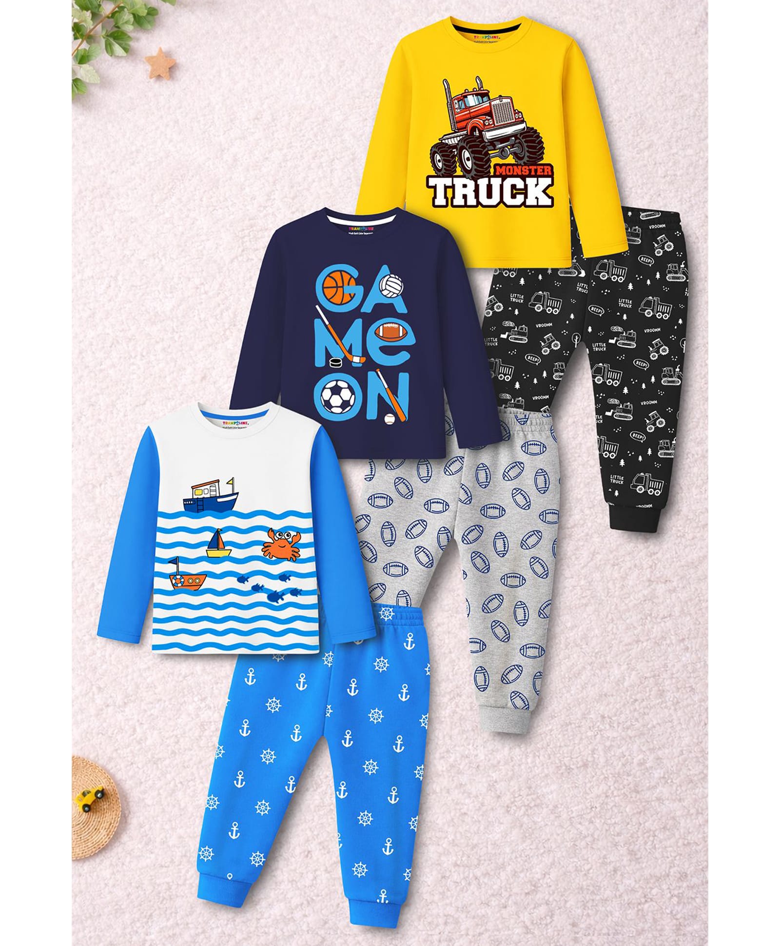 Trampoline Cotton Blend Knit Pack Of 3 Full Sleeves Monster Truck & Game On Text Printed Tees & Pajamas Night Suits - Multi Colour-image-11