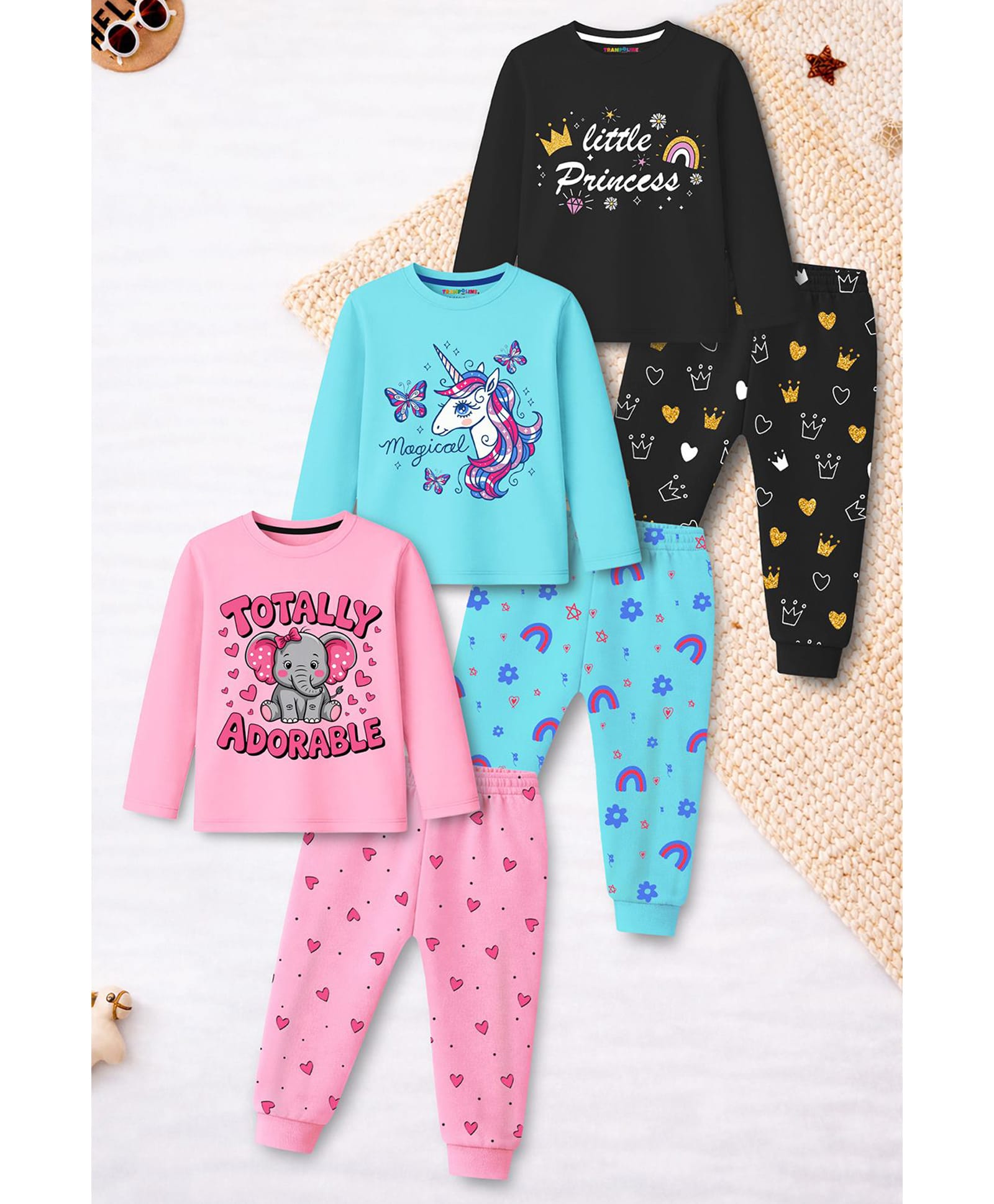 Trampoline Cotton Blend Knit Pack Of 3 Full Sleeves Unicorn Elephant & Little Princess Text Printed Tees & Pajamas Night Suits - Black Blue & Pink-image-47