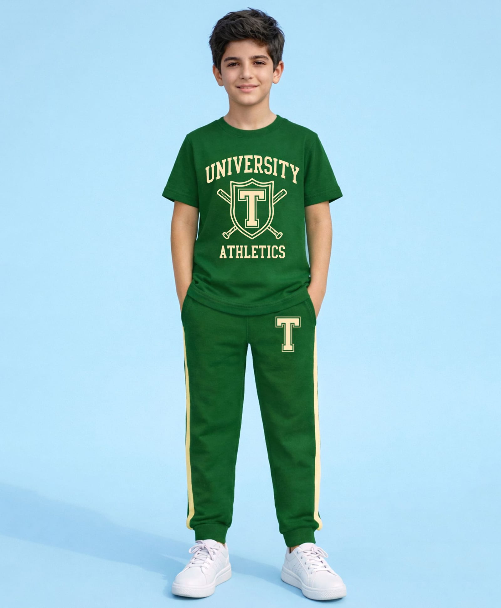 Trampoline Cotton Blend Knit Half Sleeves University Athletics Text Printed Tee & Joggers Set - Green-picture-17