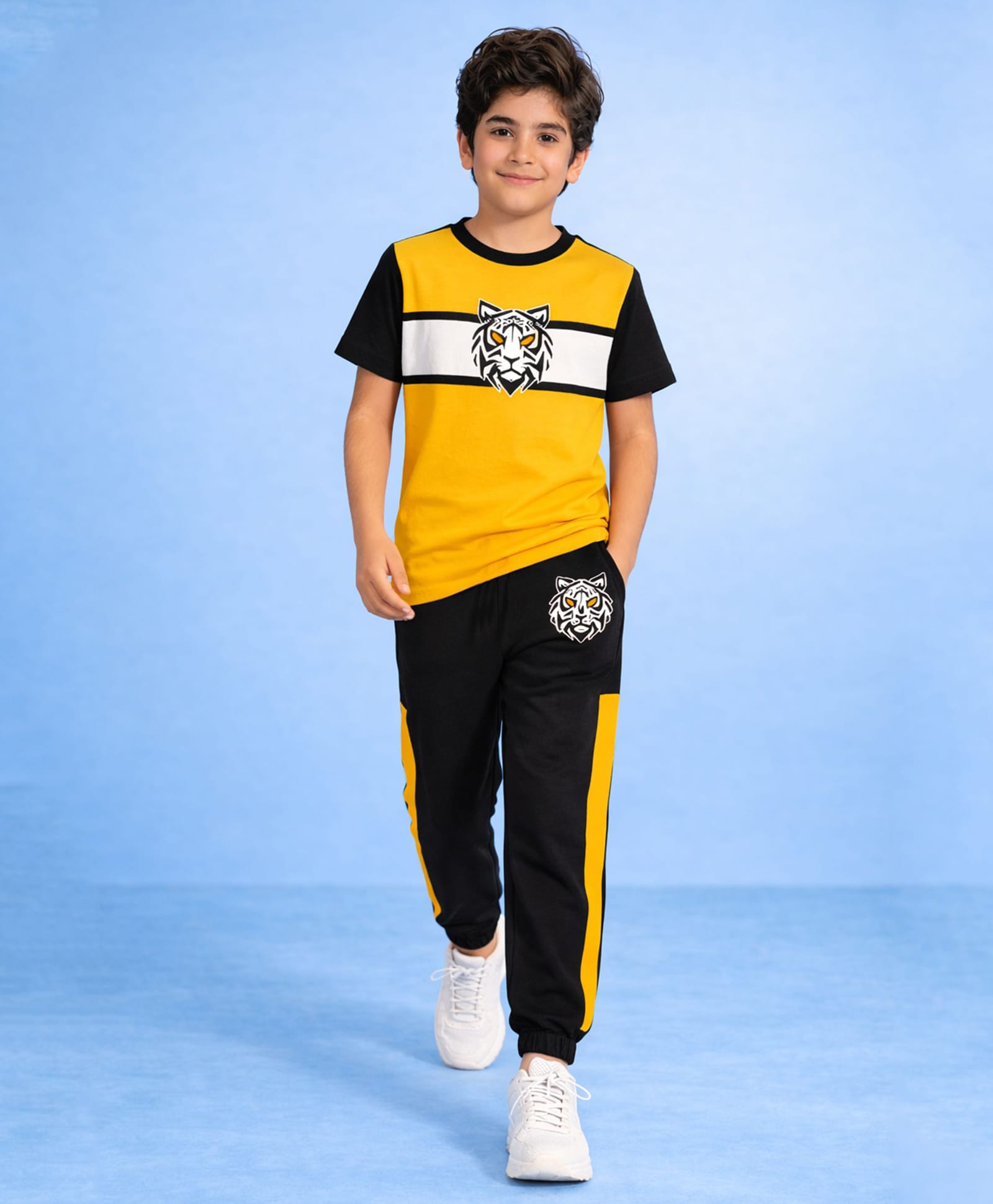 Trampoline Cotton Blend Knit Half Sleeves Colour Blocked Lion Printed Tee & Joggers Set - Yellow & Black-image-5