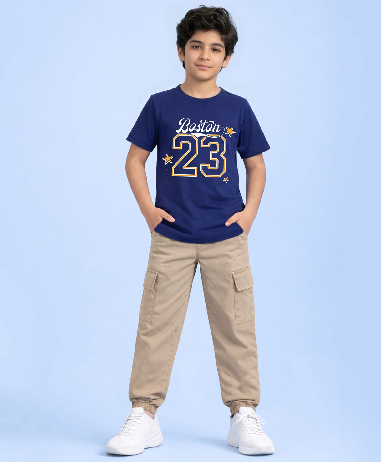 Trampoline Cotton Blend Knit Half Sleeves Boston 23 Text Printed Tee & Cargo Style Joggers Set - Blue & Beige-image-19