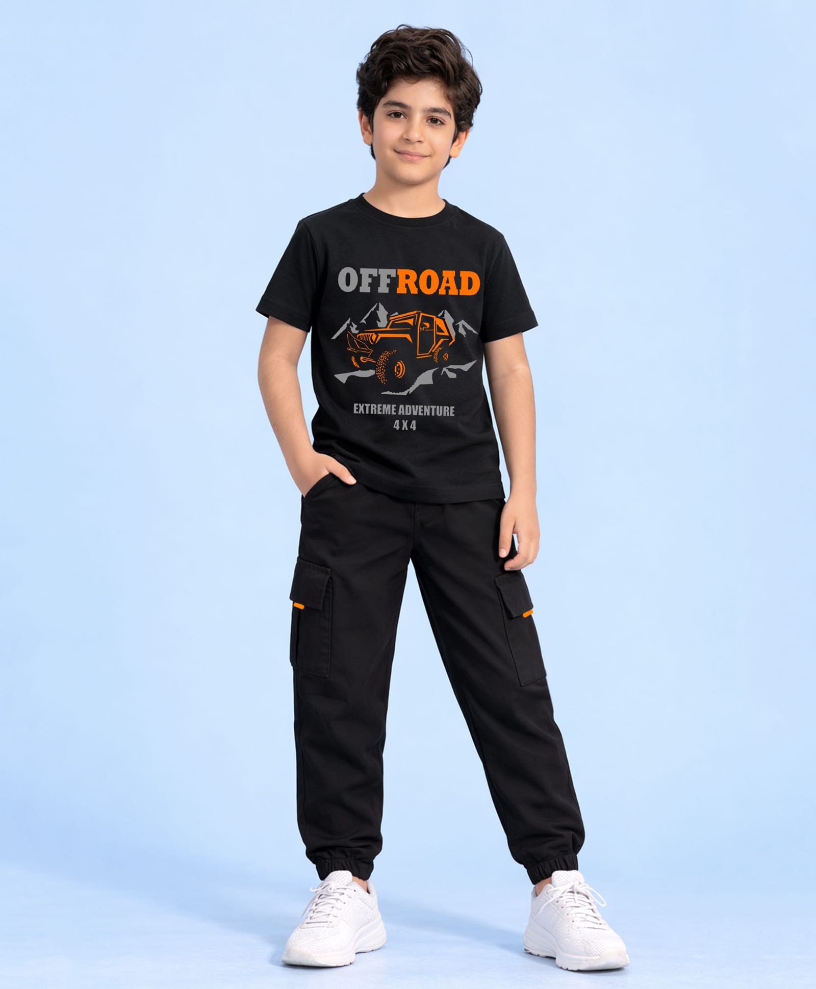 Trampoline Cotton Blend Knit Half Sleeves Off Road Text Printed Tee & Cargo Style Joggers Set - Black-image-26