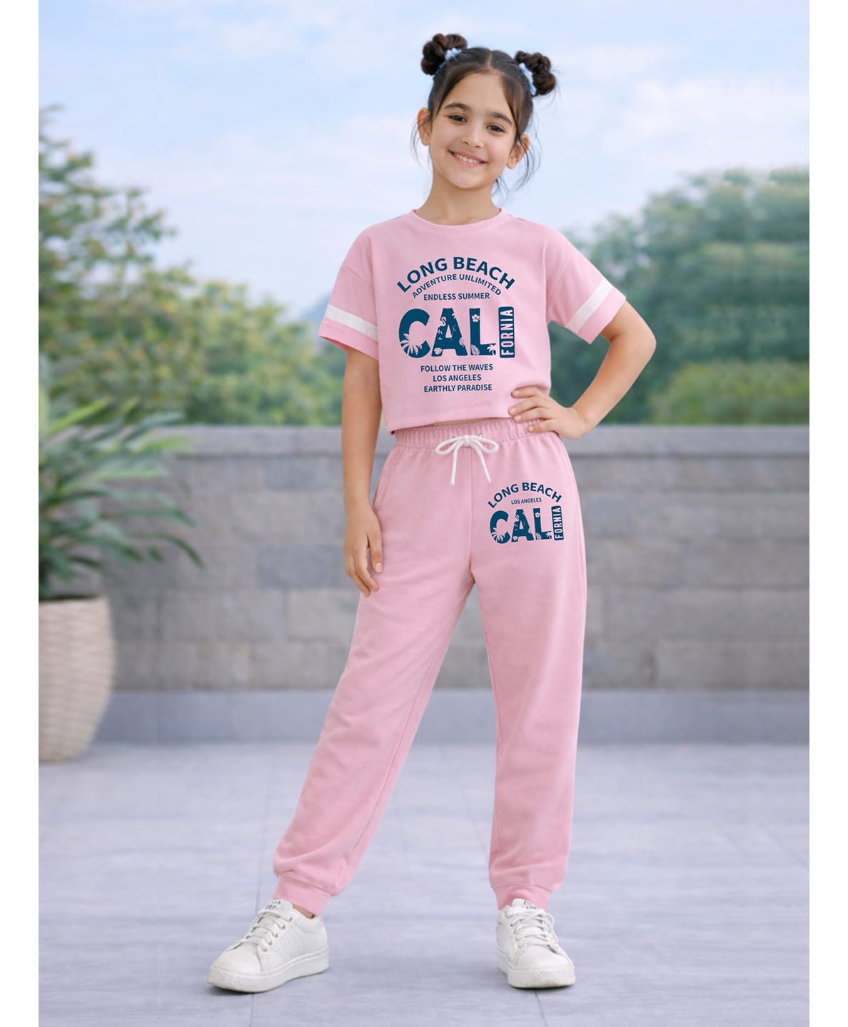 Trampoline Cotton Blend Knit Half Sleeves Typography Printed Crop Top & Joggers Set - Pink-image-38