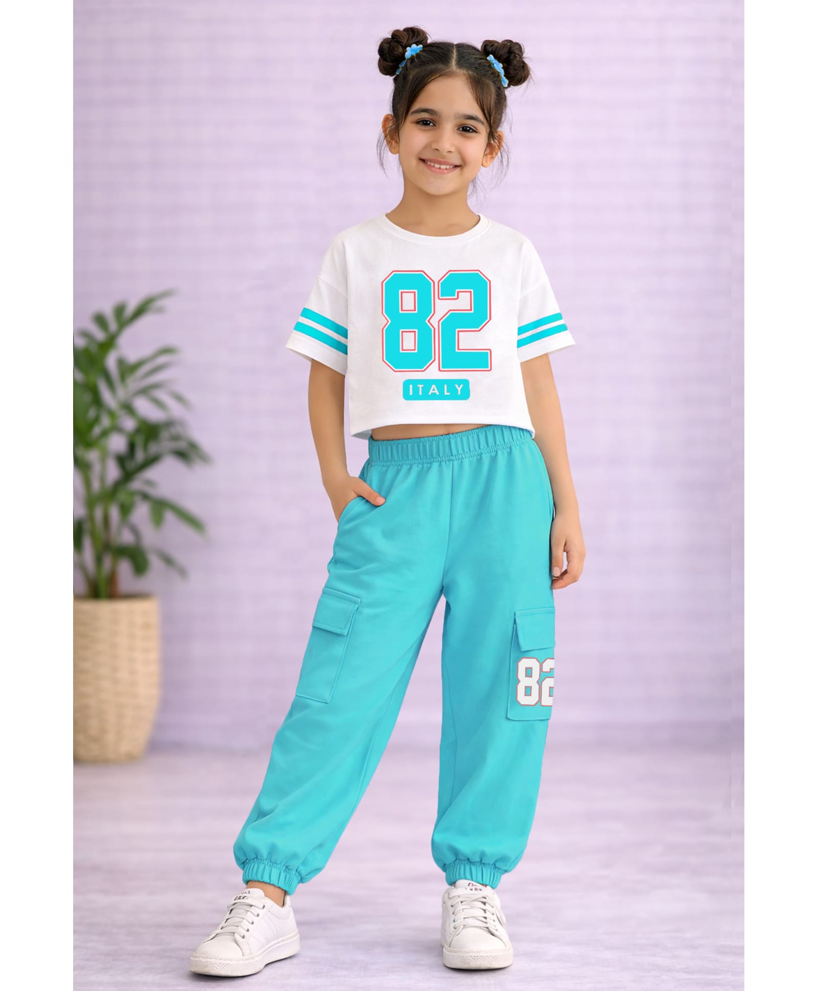 Trampoline Cotton Blend Knit Half Sleeves 82 Number Printed Crop Top & Joggers Set - Sky Blue & White-picture-38