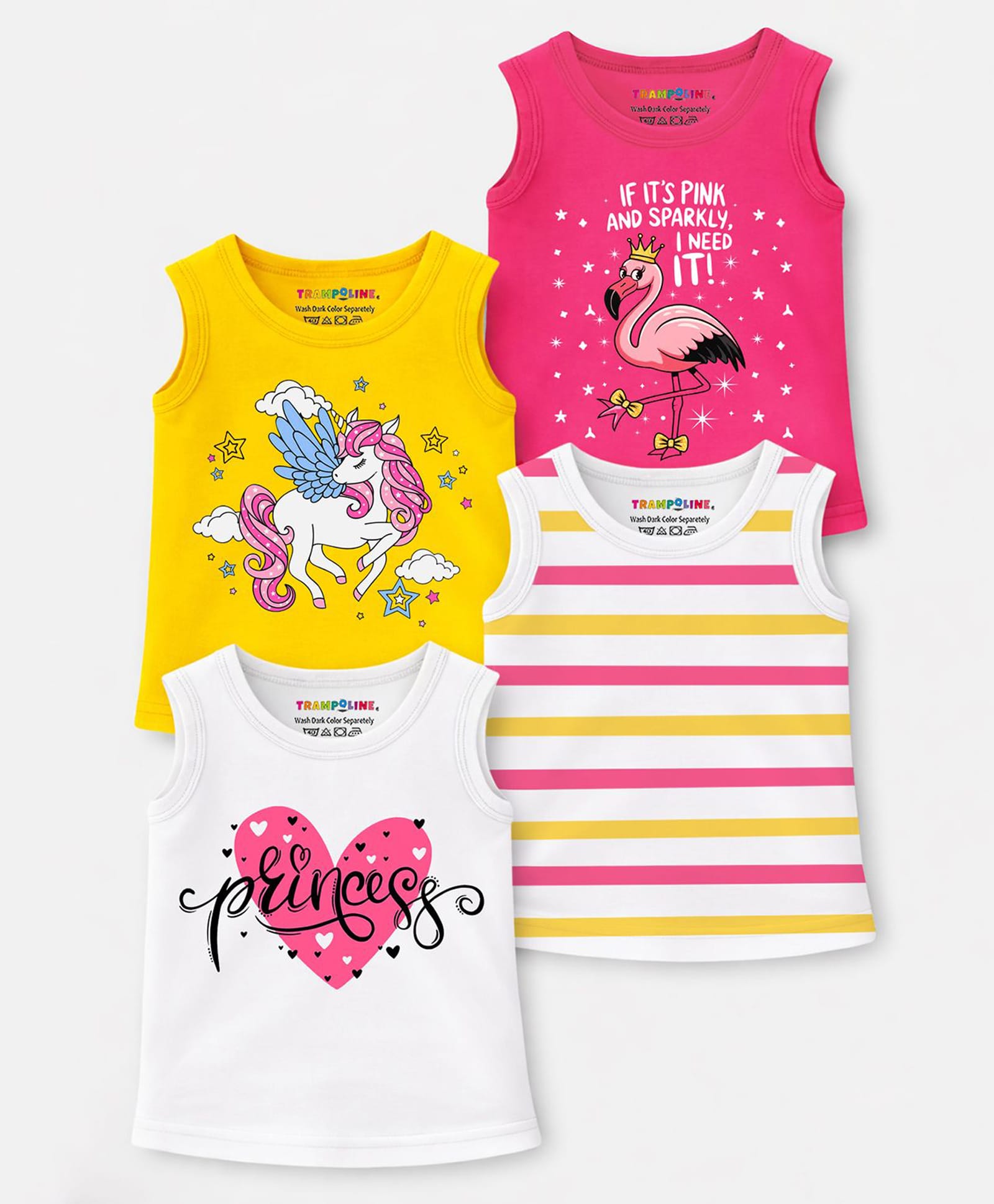 Trampoline Cotton Blend Knit Pack Of 4 Sleeveless Striped Unicorn & Flamingo Printed Tees - Multi Colour-image-40
