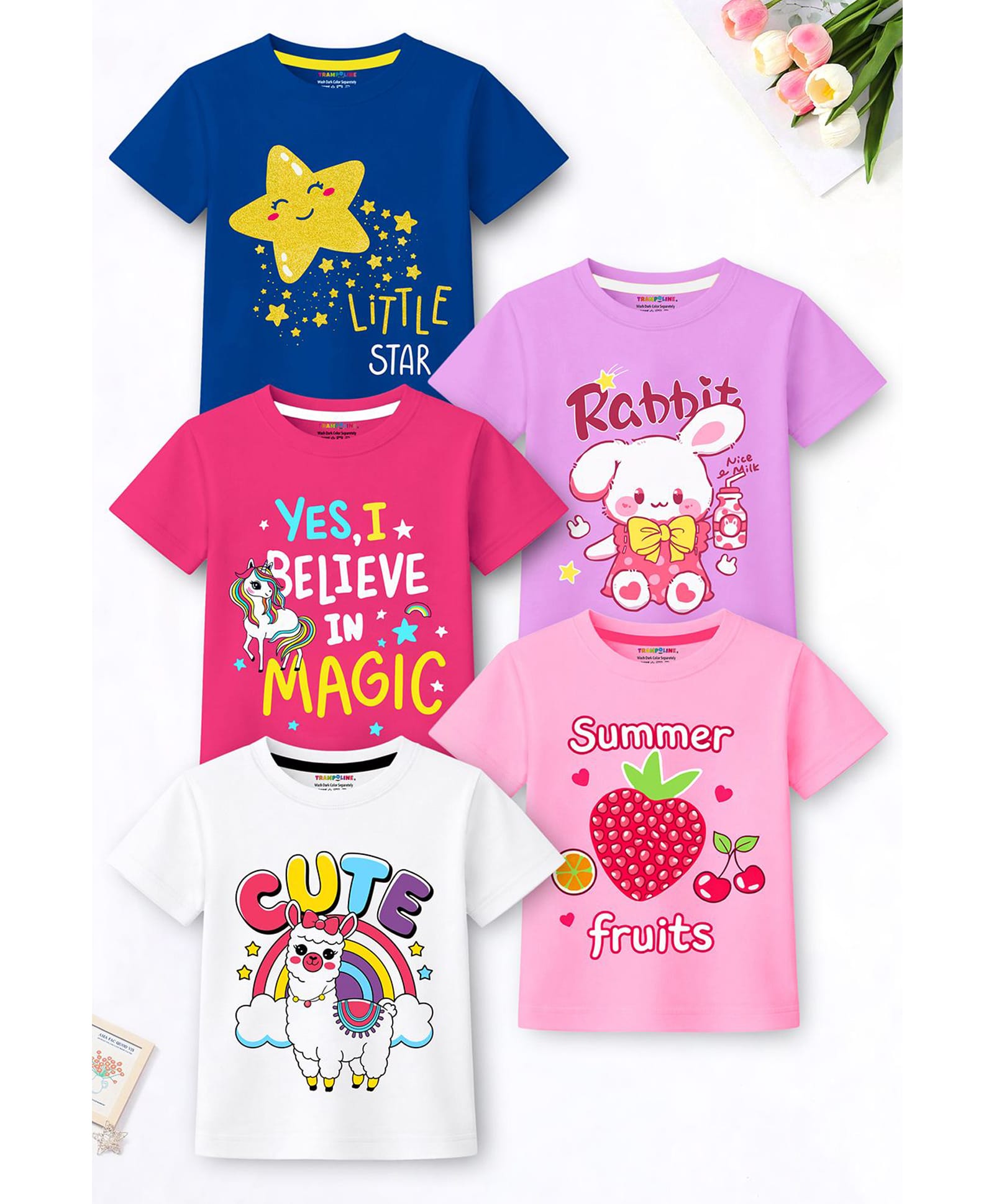 Trampoline Cotton Blend Knit Pack Of 5 Half Sleeves Animal & Typography Printed Tees - Multi Colour-image-8