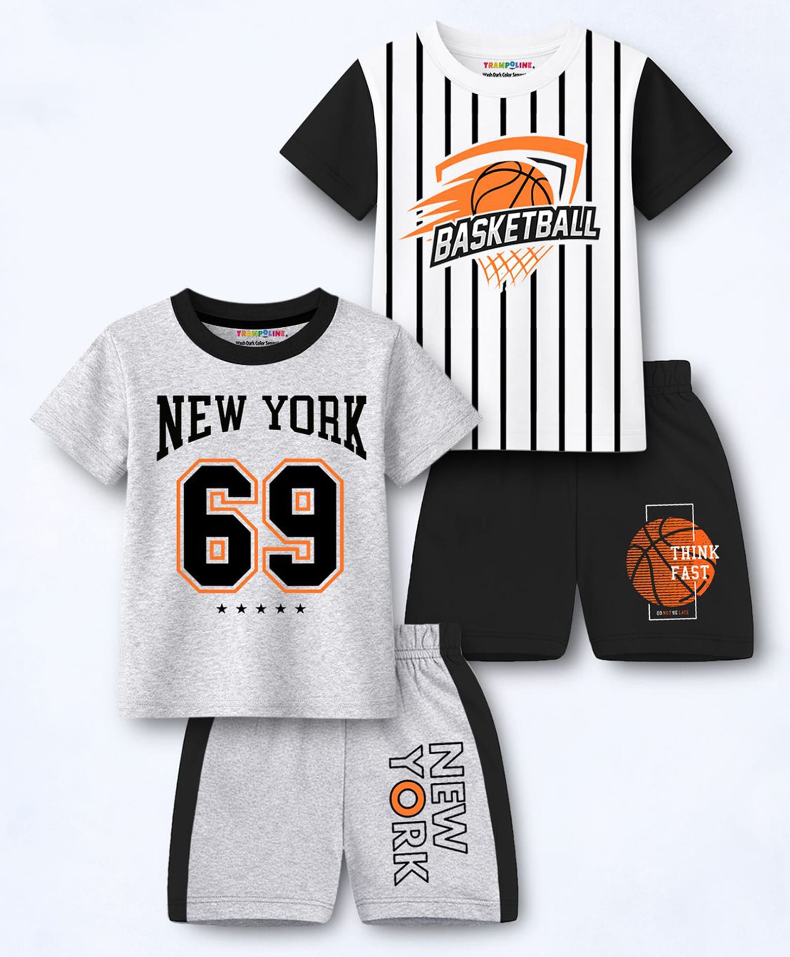 Trampoline Cotton Blend Knit Pack Of 2 Half Sleeves New York & Striped Basketball Text Printed Tees & Shorts Set - Black & Grey-image-28