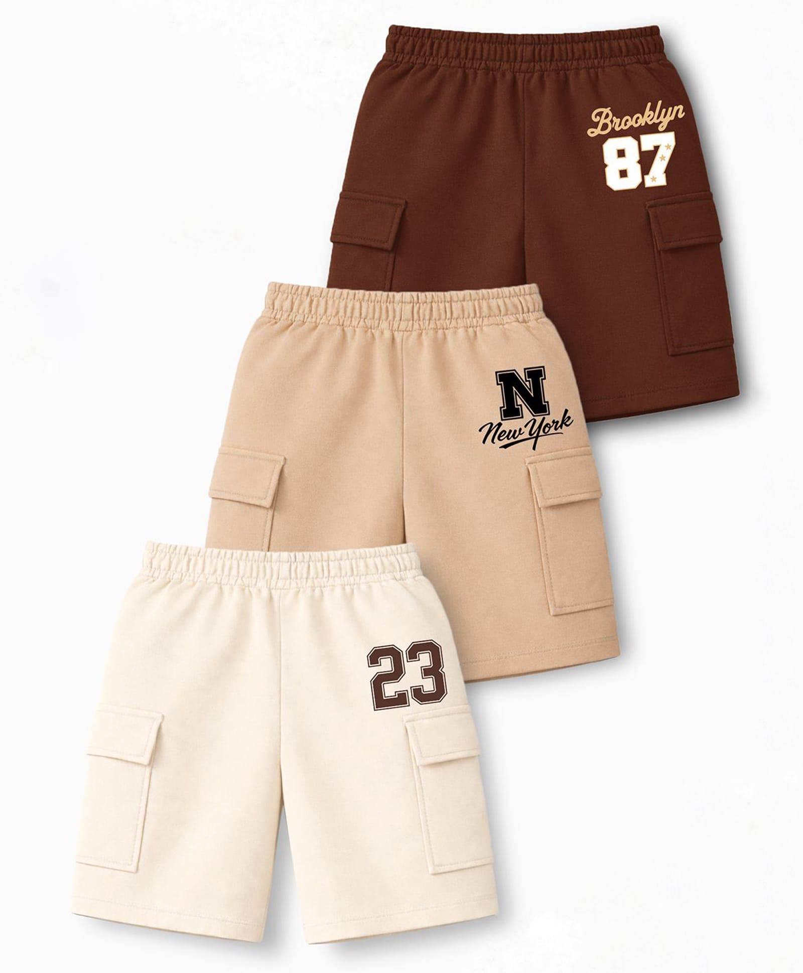 Trampoline Cotton Blend Pack Of 3 Typography Printed Cargo Style Shorts - Brown Beige & Cream-picture-27