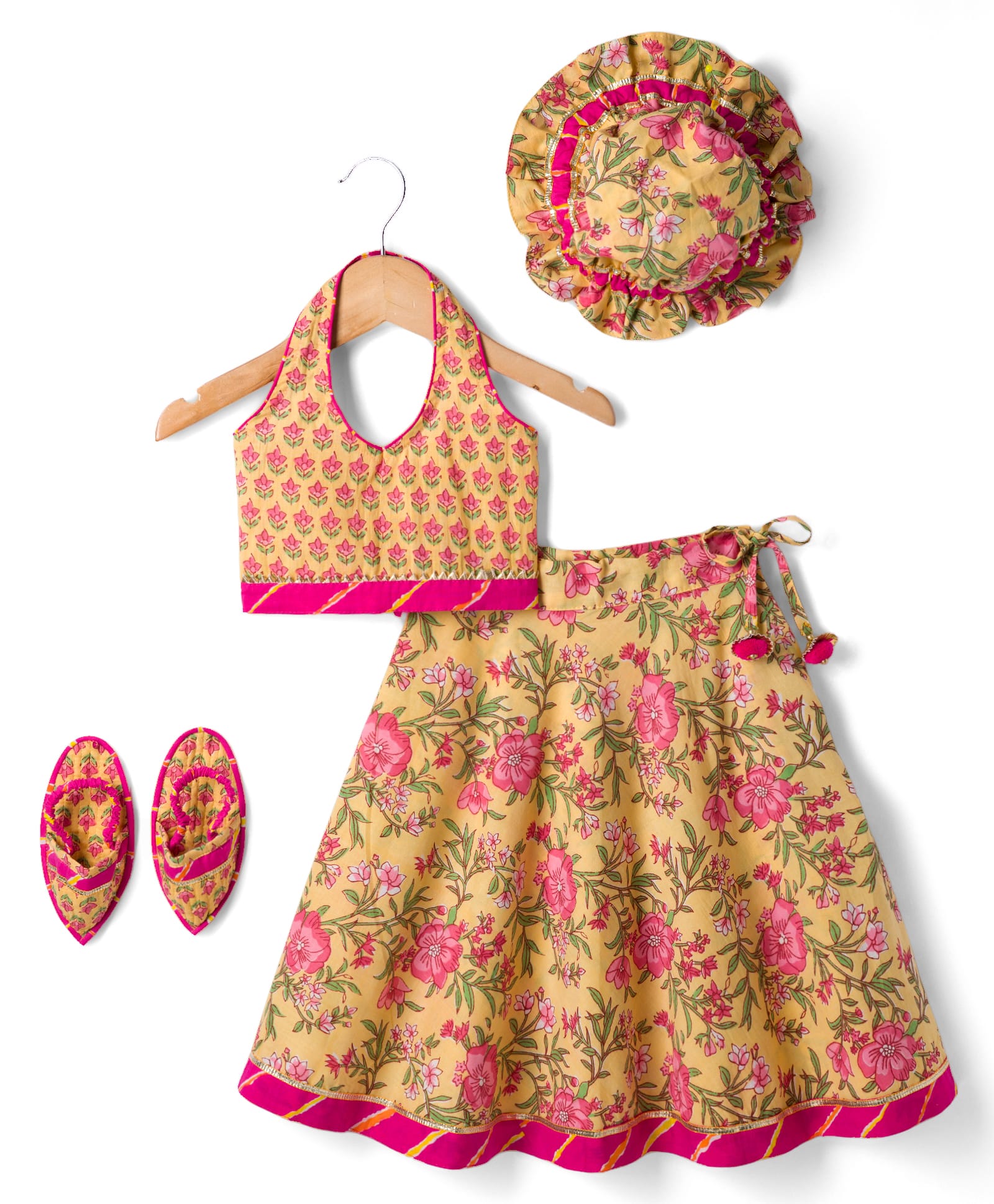 Exclusive from Jaipur Cotton Woven Sleeveless Floral Printed Lehenga Choli Set With Cap & Mojaris - Yellow-image-39