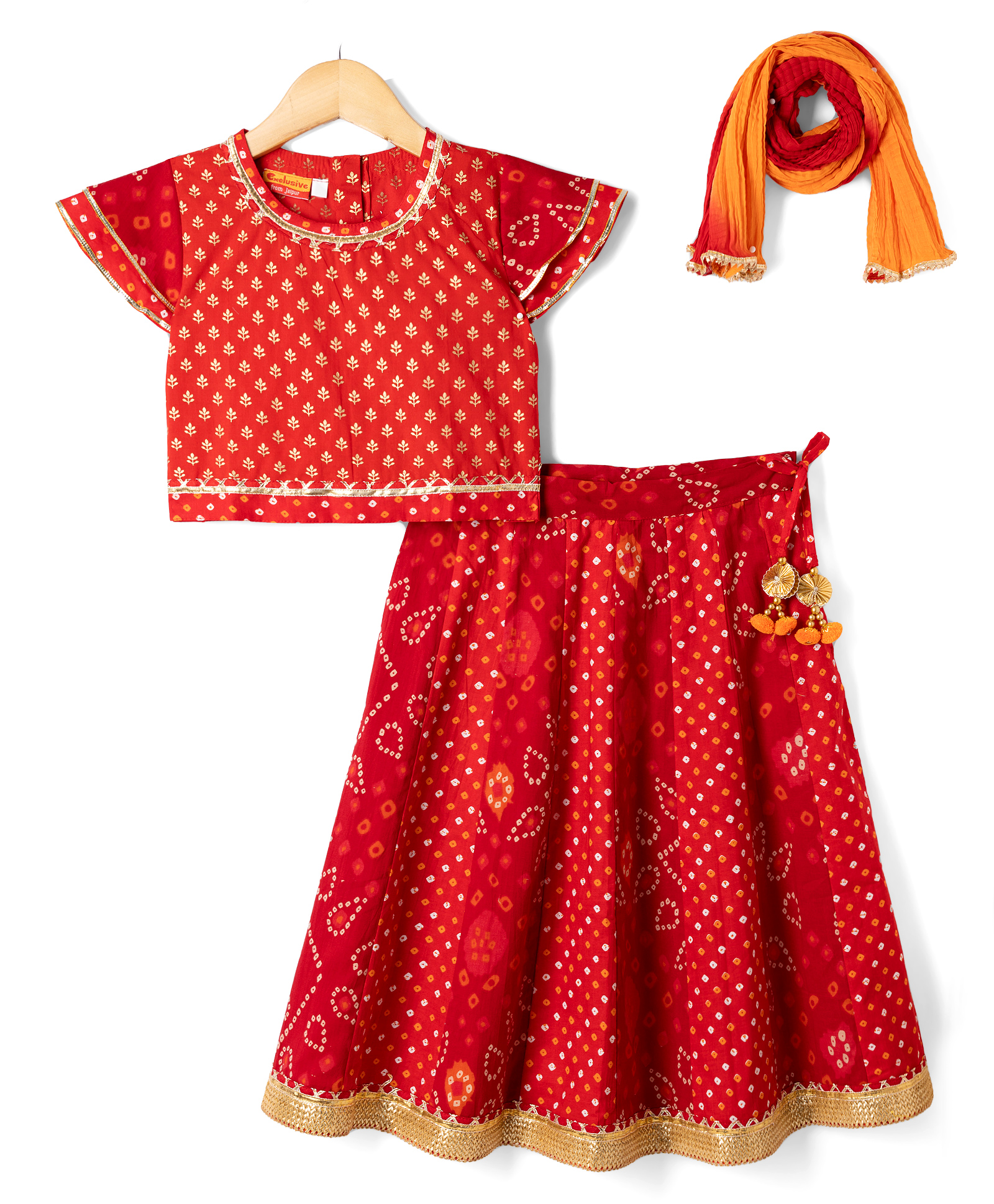 Exclusive From Jaipur Cotton Woven Half Sleeves Bandhani & Floral Printed Lehenga Choli with Dupatta & Tassle Detailing - Red-picture-20