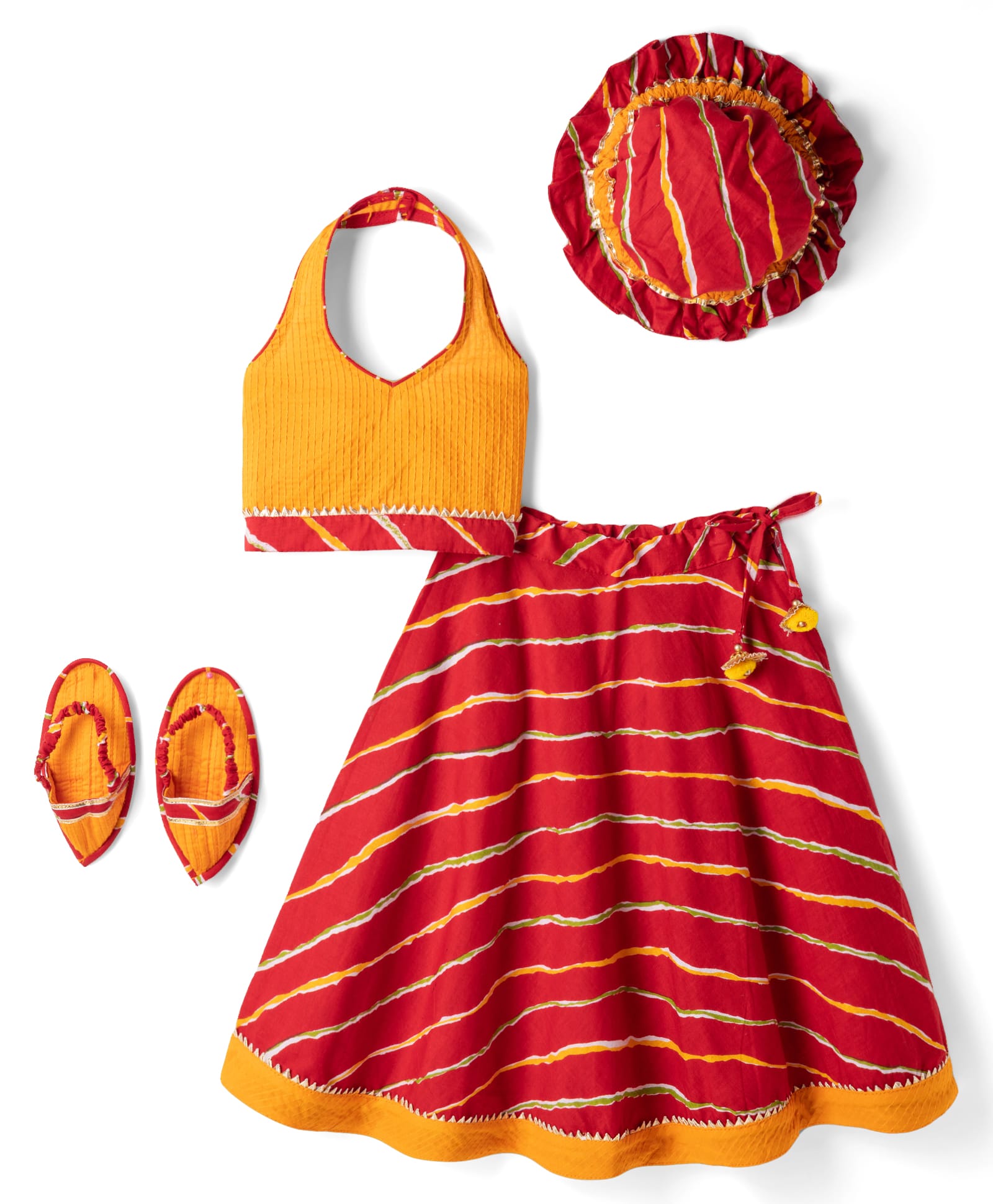 Exclusive From Jaipur Cotton Woven Sleeveless Printed Lehenga Choli Set With Cap & Booties - Red-image-28
