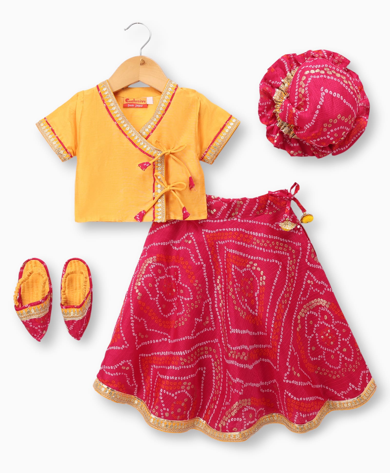 Exclusive From Jaipur Cotton Woven Half Sleeves Chunari Print & Lace Detailing Lehenga Choli With Cap & Mojari - Yellow-image-14
