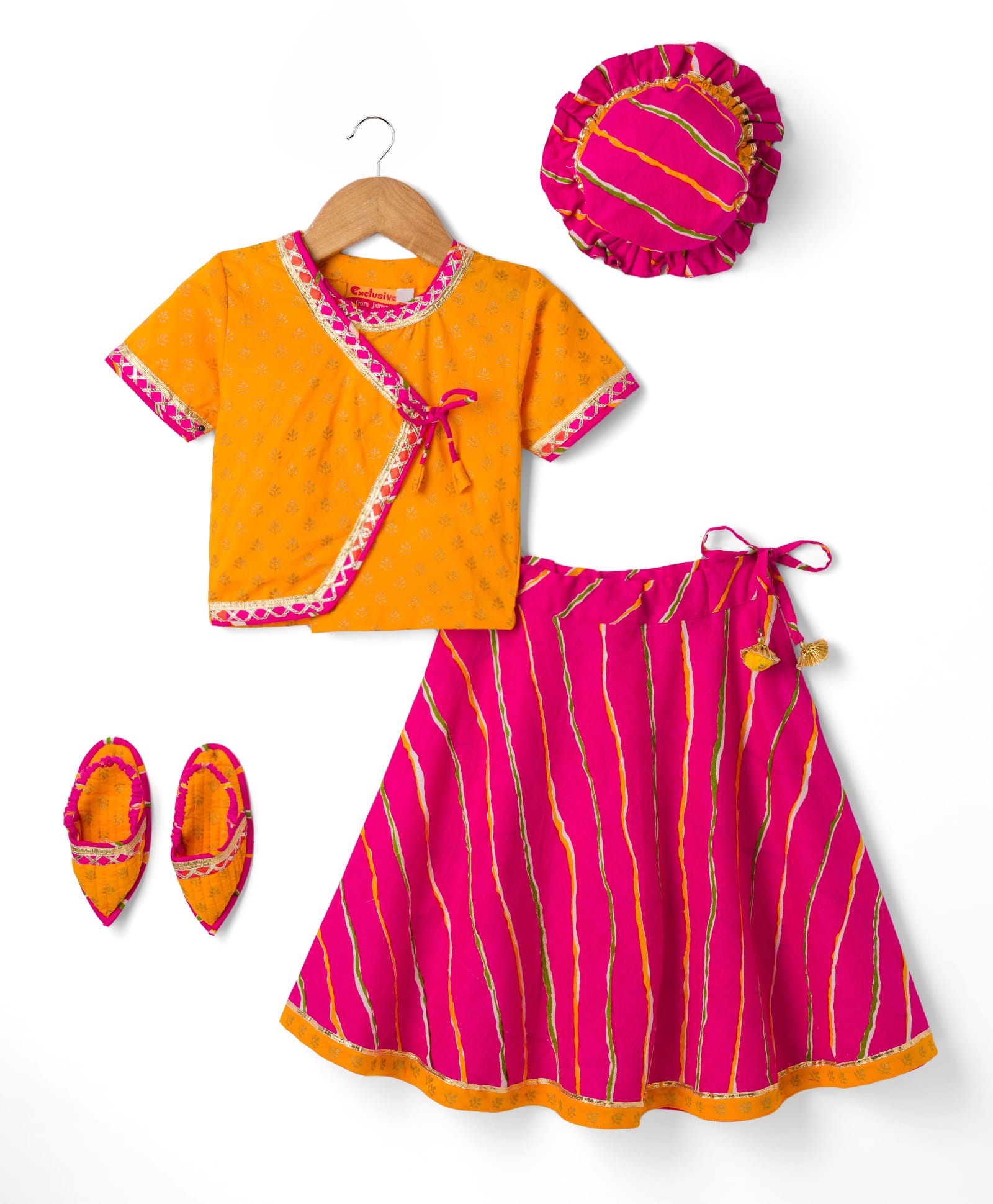 Exclusive from Jaipur Cotton Woven Half Sleeves Foil Floral Printed Choli Lehenga Set With Cap & Booties - Yellow-image-26