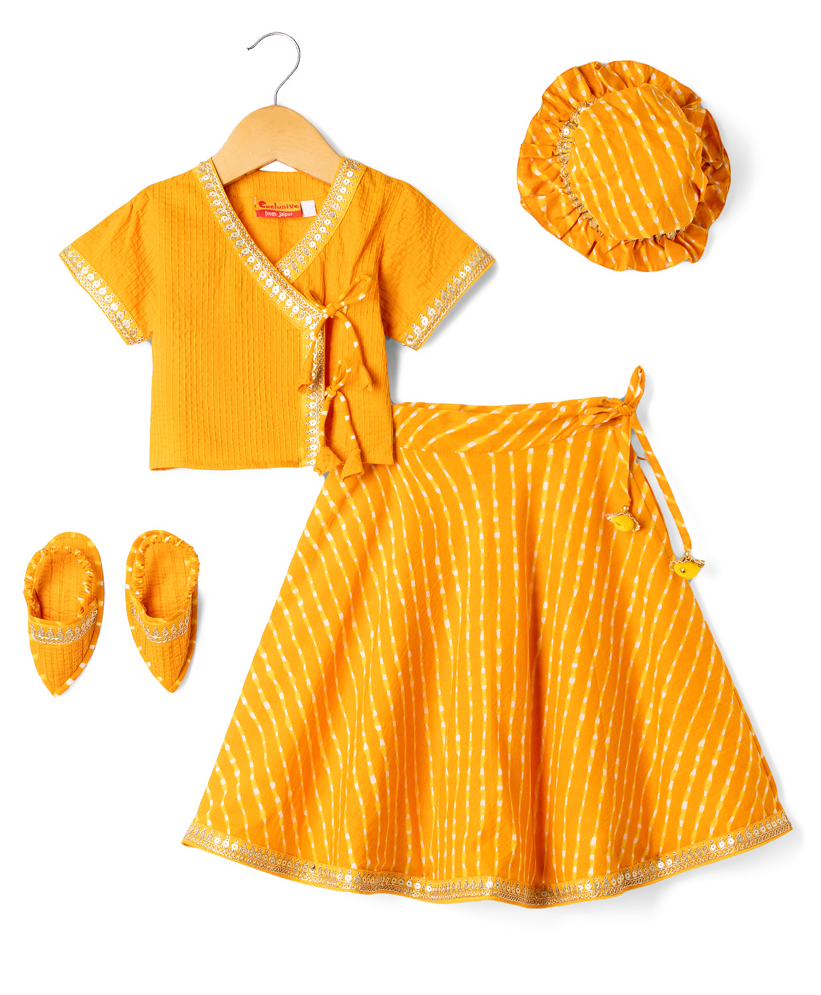 Exclusive From Jaipur Cotton Woven Half Sleeves Lehariya Cap & Mojaris & Tassle Detailing - Yellow-image-37
