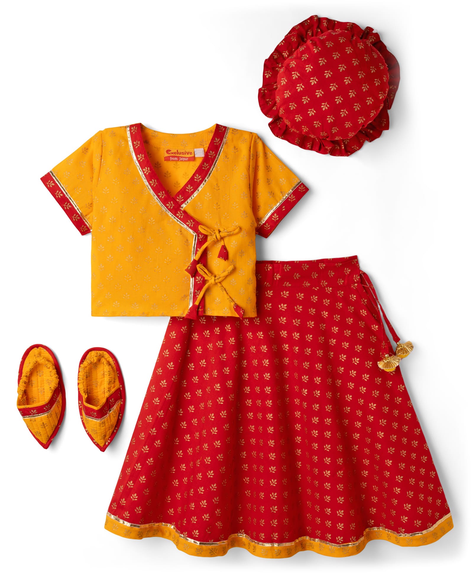 Exclusive from Jaipur Cotton Woven Half Sleeves Choli Lehenga With Cap & Shoes with Floral Print - Yellow & Red-image-15