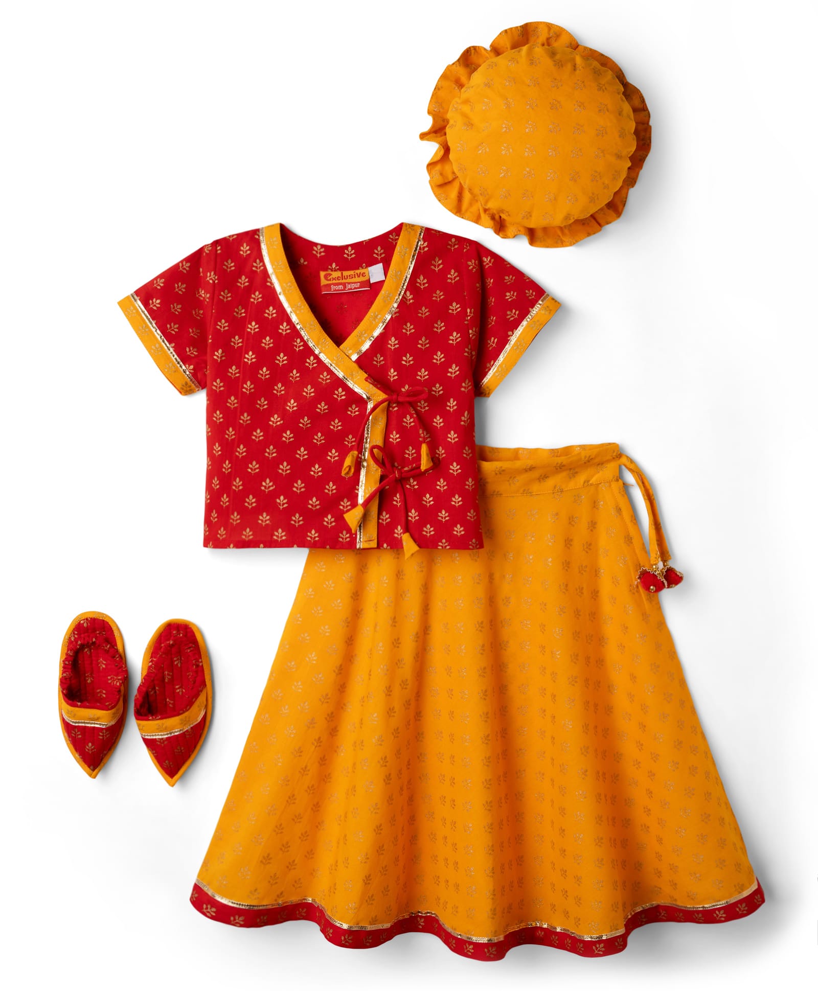 Exclusive from Jaipur Cotton Woven Half Sleeves Choli Lehenga With Cap & Mojaris with Floral Print - Red & Yellow-image-30