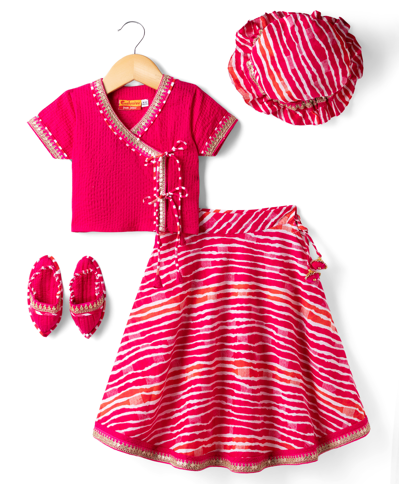 Exclusive From Jaipur Cotton Woven Half Sleeves Lehariya Cap & Mojaris & Tassle Detailing - Dark Pink-image-31