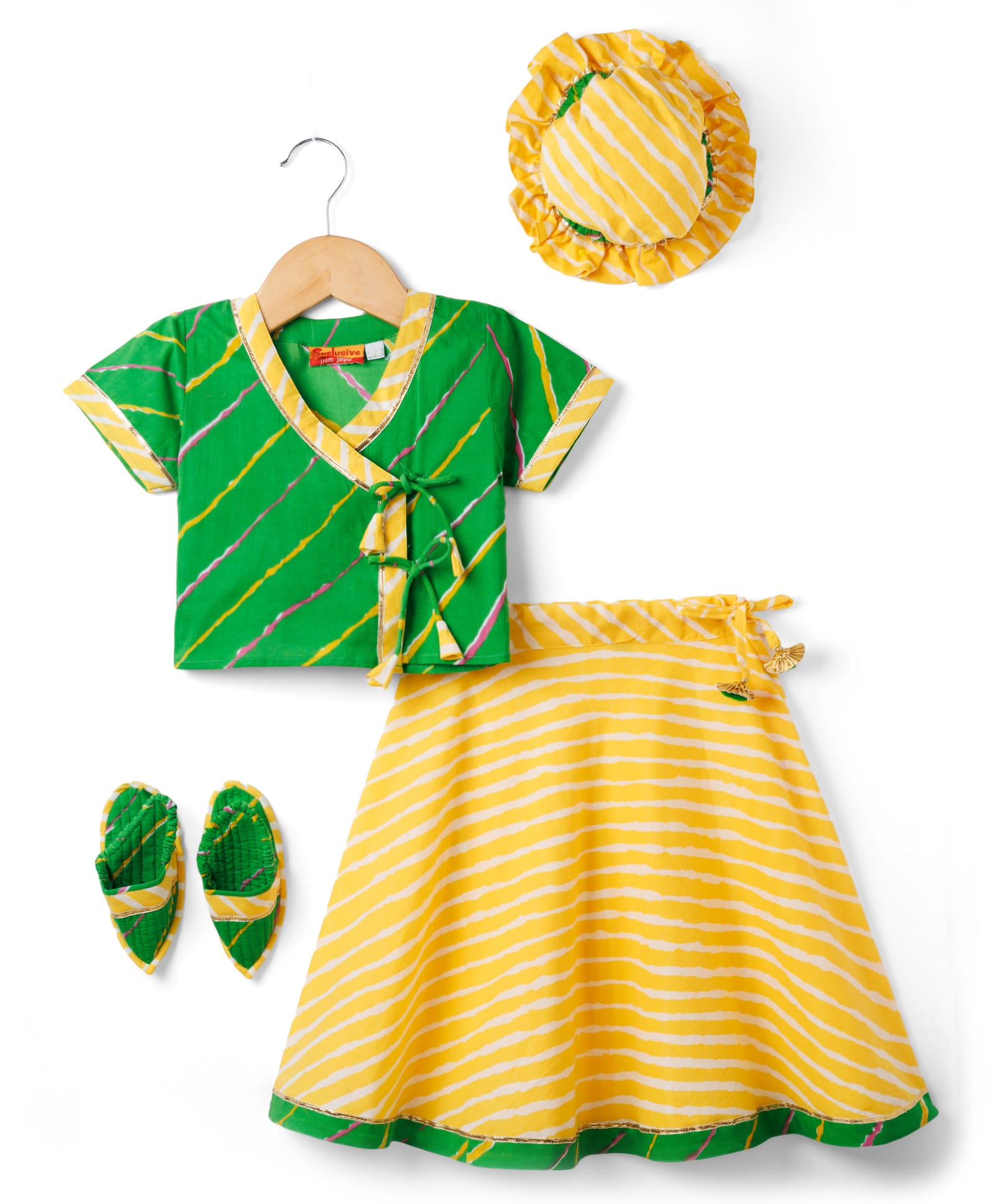 Exclusive from Jaipur Cotton Woven Half Sleeves Choli Lehenga With Cap & Mojaris with Laheriya Print - Green & Yellow-image-36
