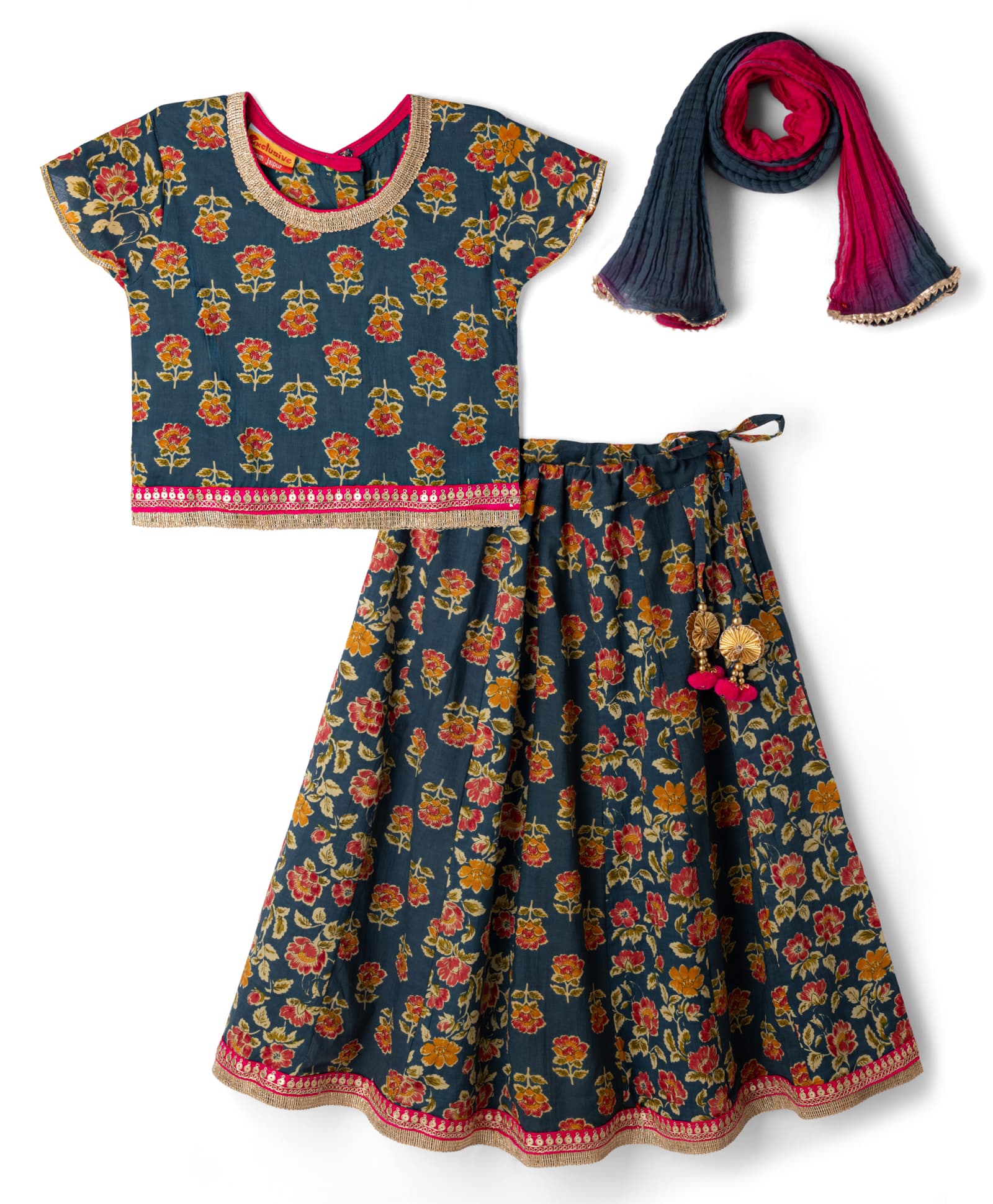 Exclusive From Jaipur Cotton Woven Half Sleeves Floral Printed Lehenga Choli With Dupatta - Teal Blue-image-45