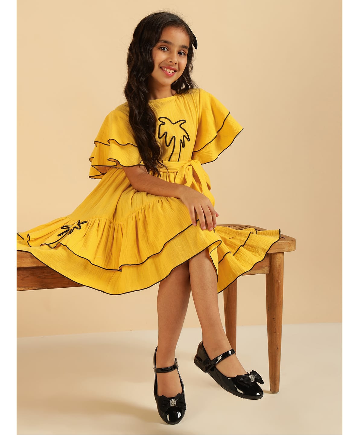 Bugandbees Cotton Woven Half Sleeves Tree Embroidered Dress - Yellow-image-31