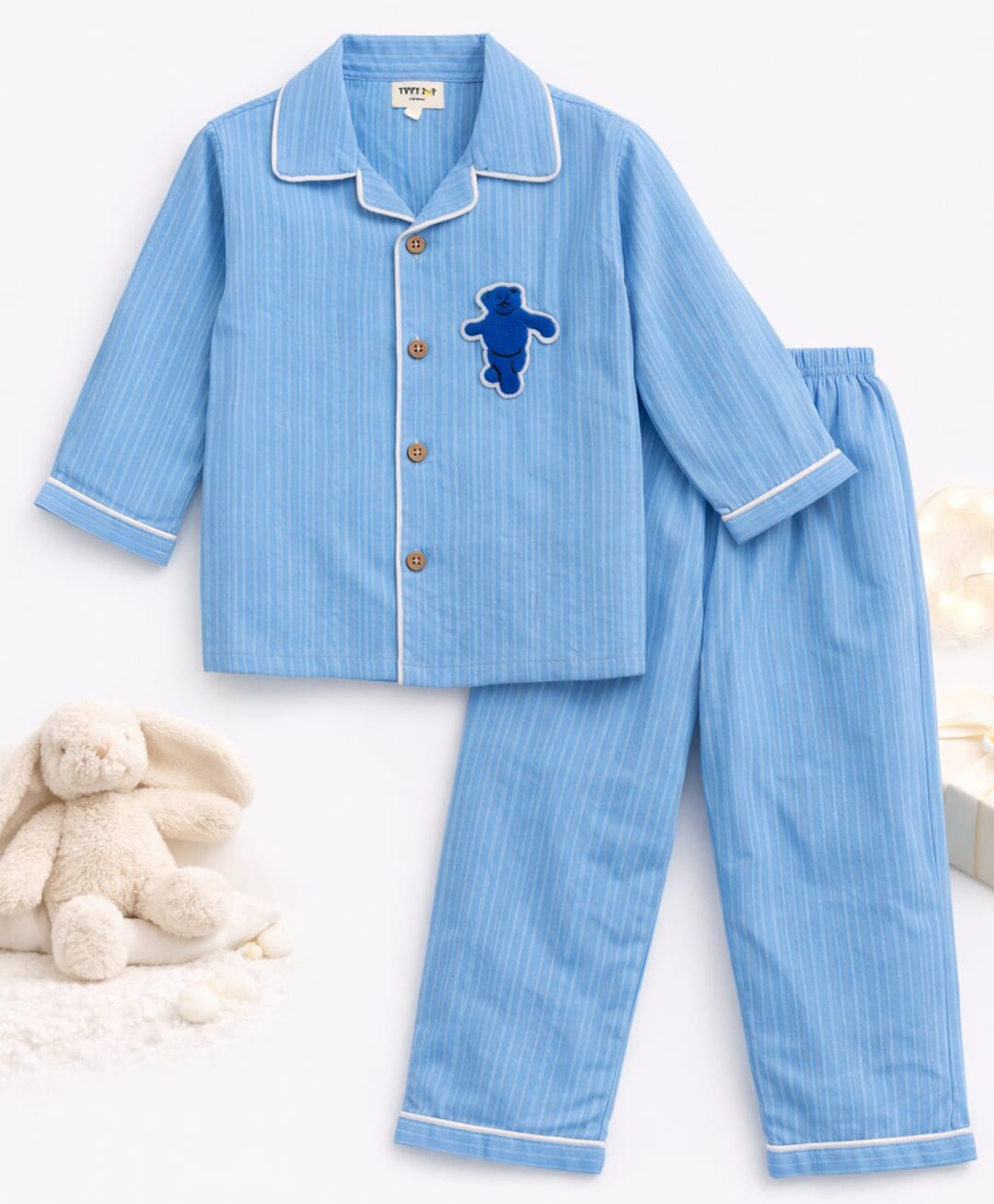 TIPPY TOP Pure Cotton Woven Full Sleeves Bear Patch Detailed Shirt & Pant Night Suit - Blue-image-18