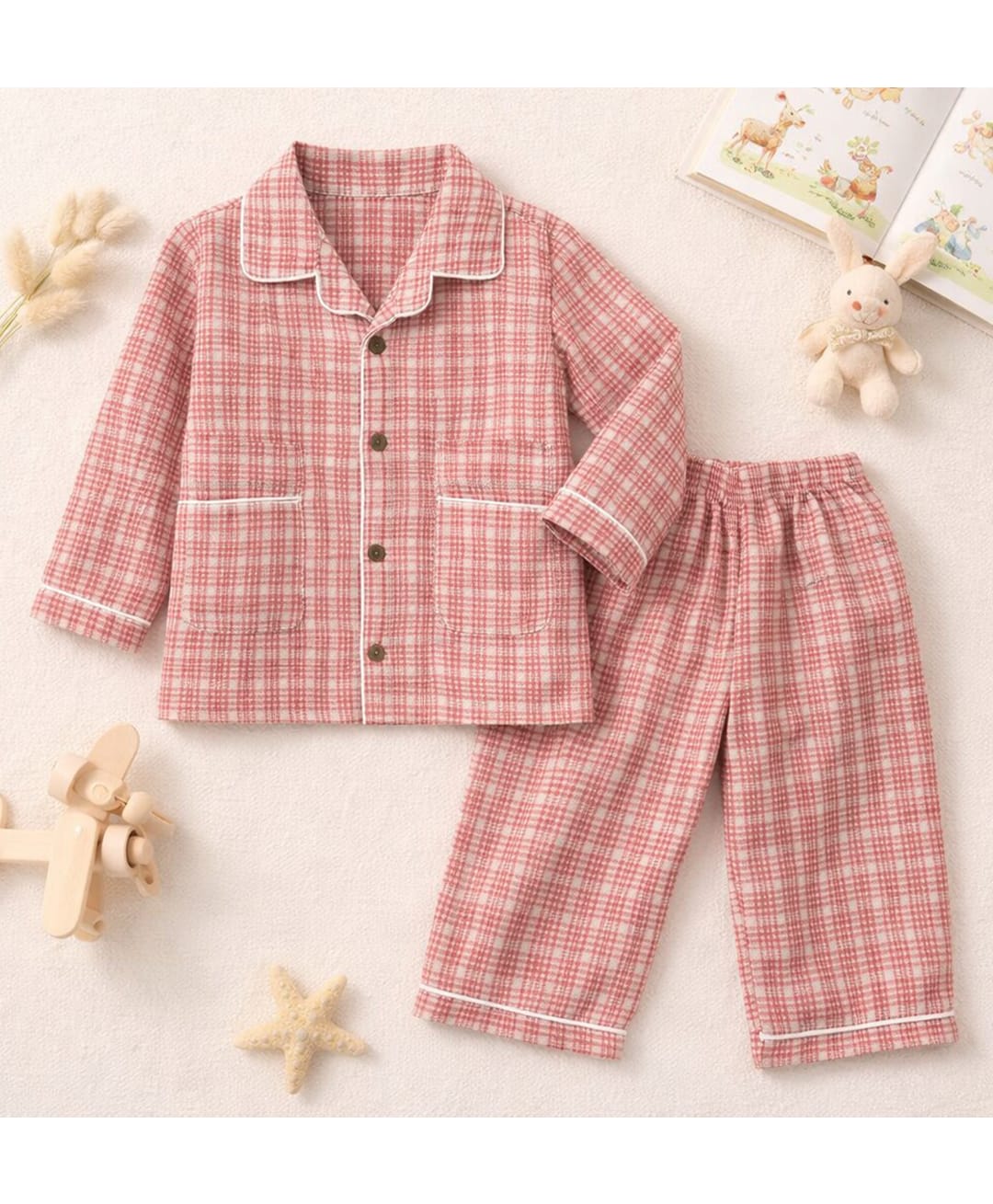 TIPPY TOP Cotton Woven Full Sleeves Checked Coordinating Shirt & Pant Night Suit - Peach-image-35