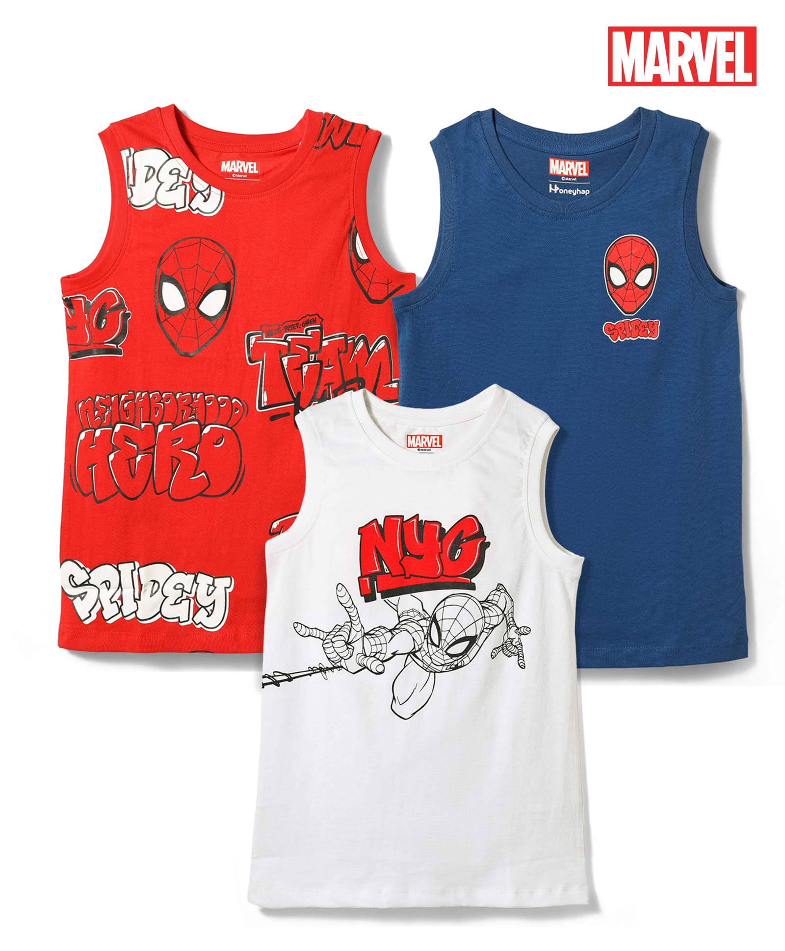 Honeyhap Marvel 100% Cotton Knit Sleeveless Vests With Spider Man Graphic Pack Of 3 - Red Navy Blue & White-picture-44