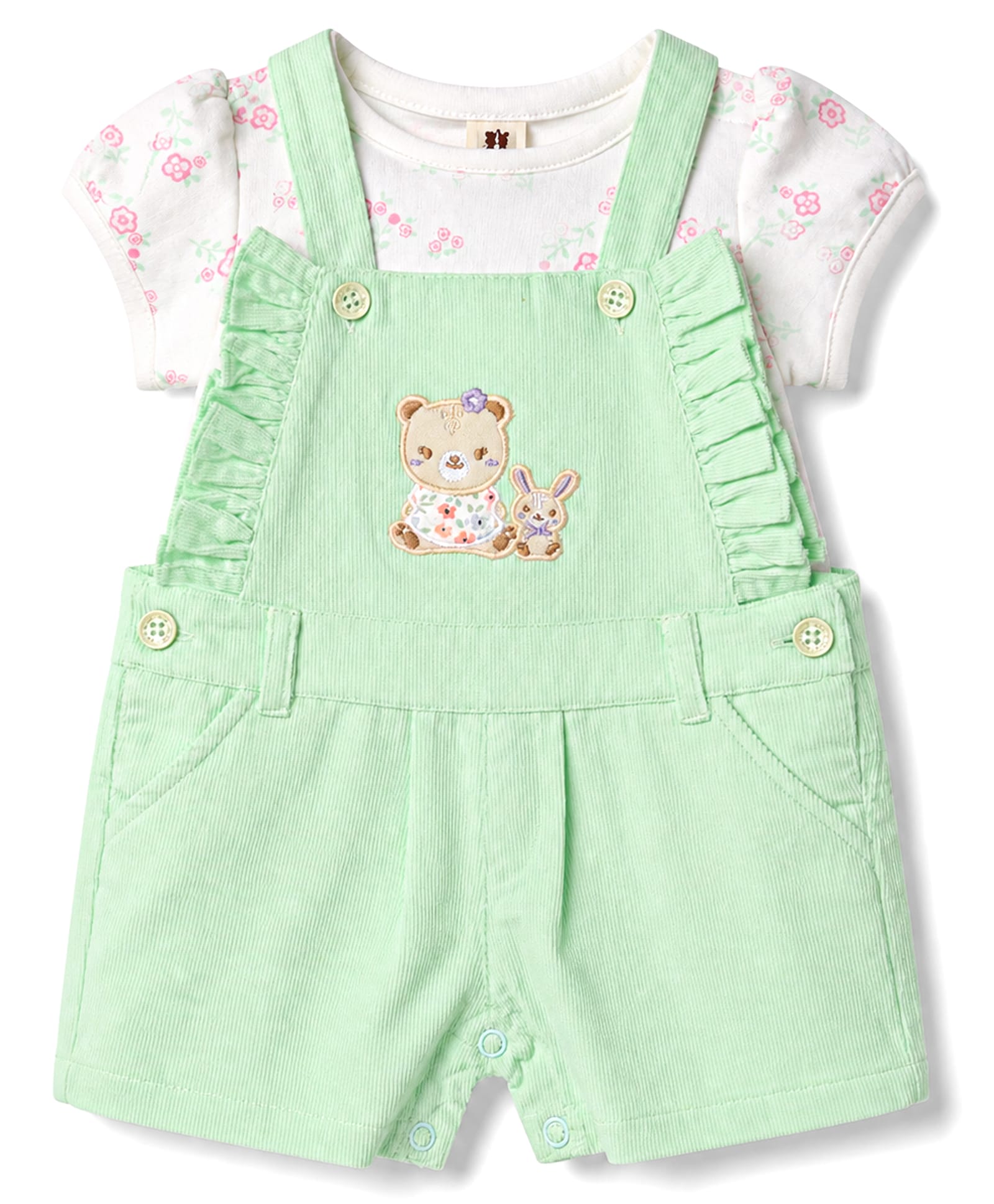 ToffyHouse Cotton Knit Dungaree & Half Sleeves Inner Tee with Animal Patch & Floral Print - Sea Green-picture-26