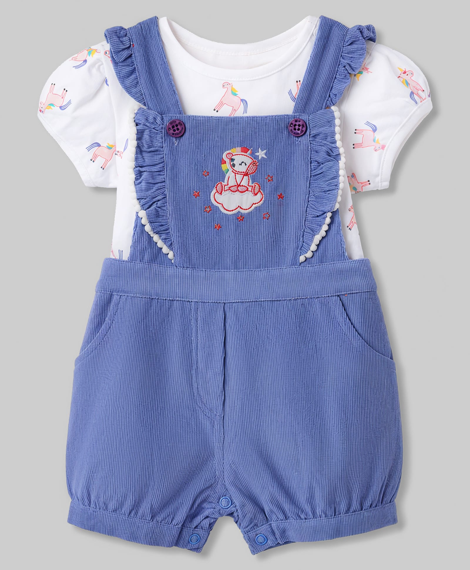 ToffyHouse Cotton Knit Dungaree & Half Sleeves Inner Tee with Unicorn Print & Embroidery - Lavender-picture-28