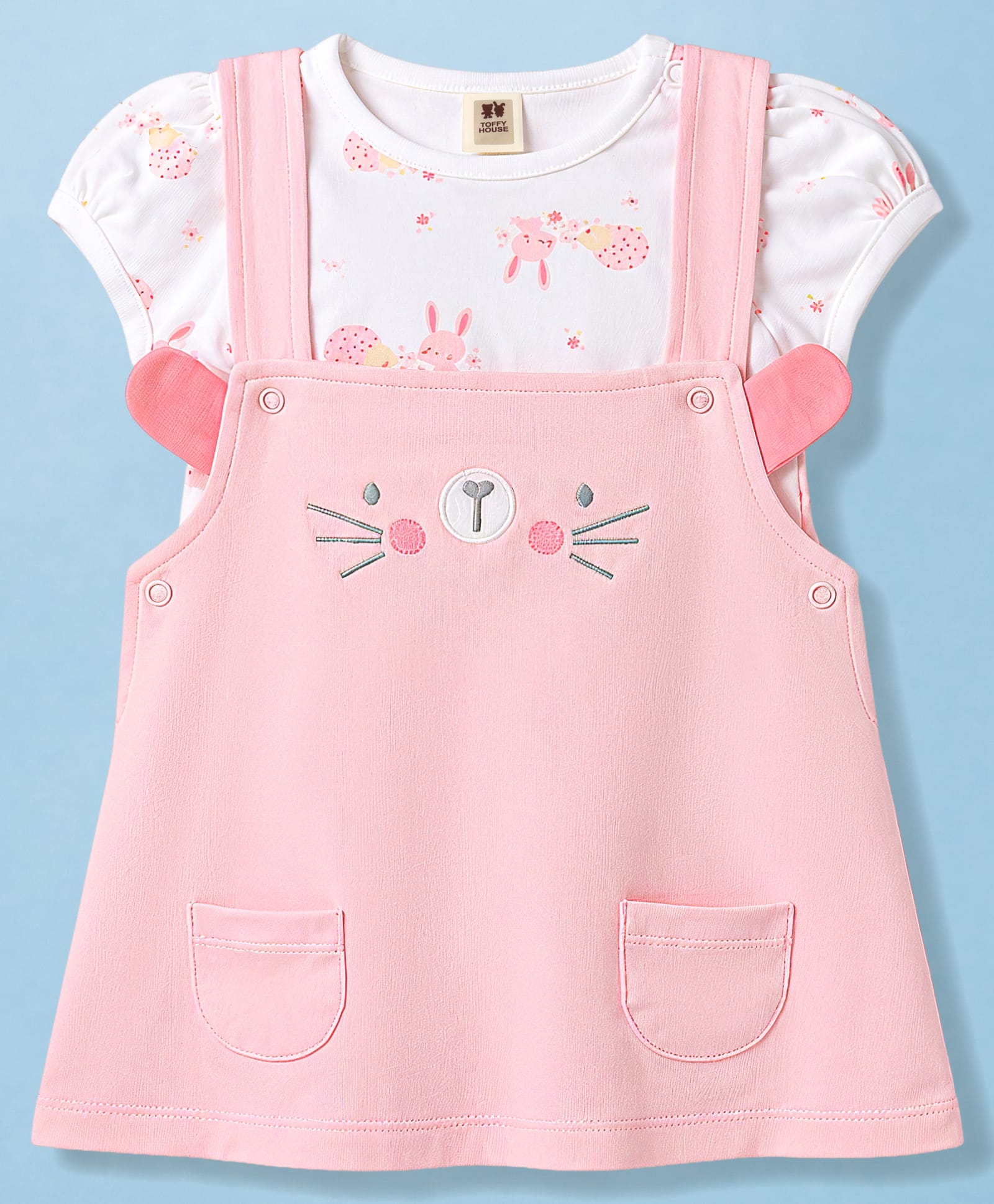 ToffyHouse Cotton Knit Half Sleeves Bunny Printed & Kitty Embroidered Dungaree Style Frock With Inner T-Shirt - Pink-image-47