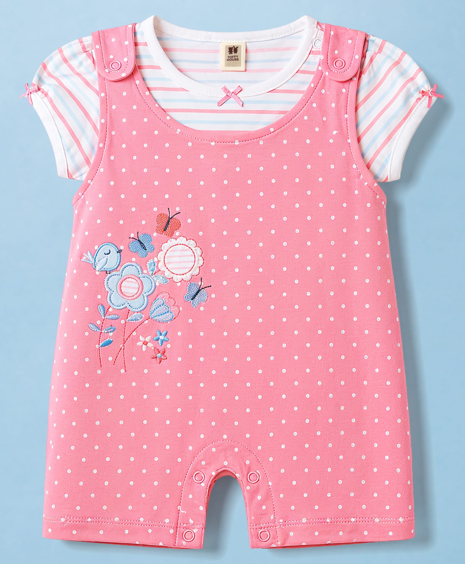ToffyHouse Cotton Knit Dungaree & Half Sleeves Inner Tee with Floral Embroidery - Light Pink-picture-35