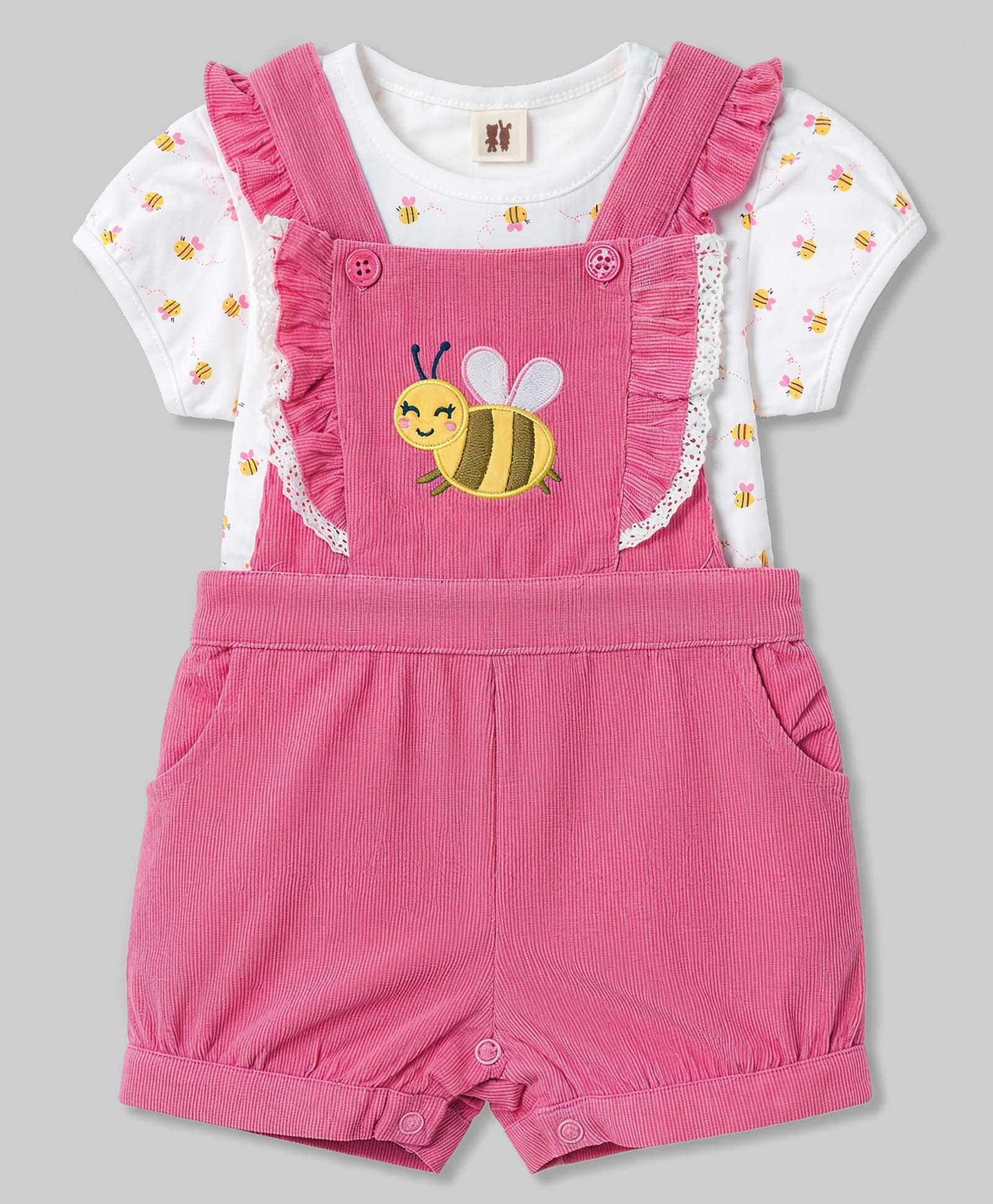 ToffyHouse Cotton Knit Dungaree & Half Sleeves Inner Tee with Honeybee Embroidery & Print - Pink-picture-23