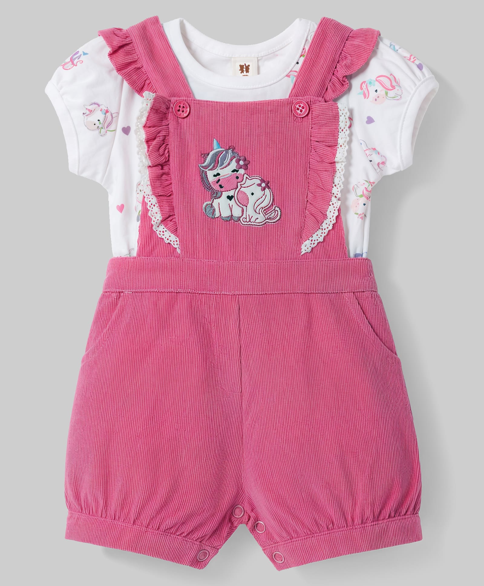 ToffyHouse Cotton Knit Dungaree & Half Sleeves Inner Tee with Unicorn Embroidery & Print - Pink-picture-42
