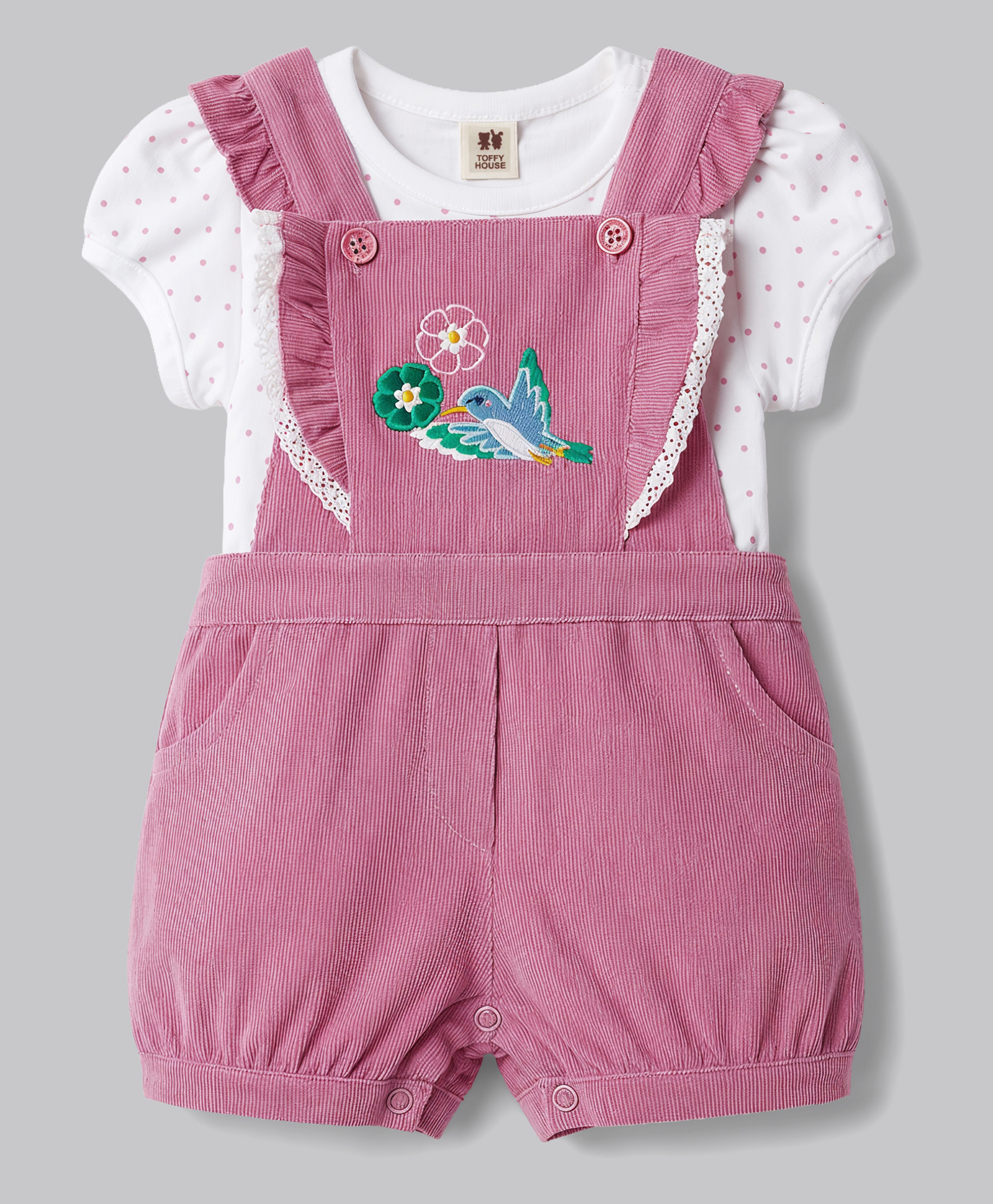 ToffyHouse Cotton Knit Dungaree & Half Sleeves Inner Tee with Bird Embroidery & Print - Mauve-picture-38