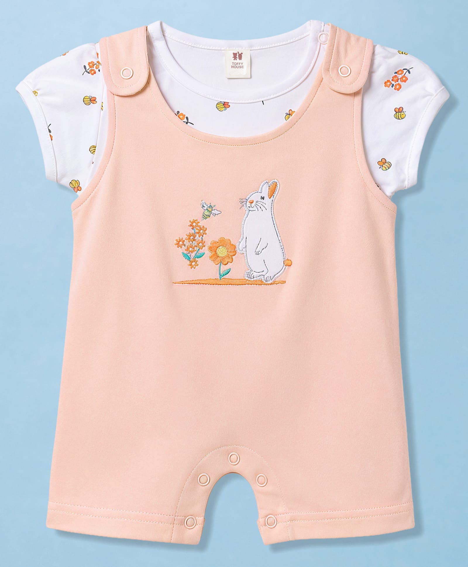 ToffyHouse Cotton Knit Dungaree & Half Sleeves Inner Tee with Bunny & Floral Embroidery - Peach-picture-13
