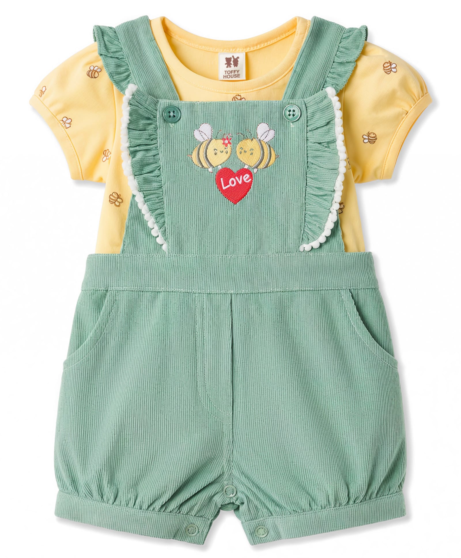 ToffyHouse Cotton Knit Dungaree & Half Sleeves Inner Tee with Honeybee Embroidery & Print - Teal Blue-image-27
