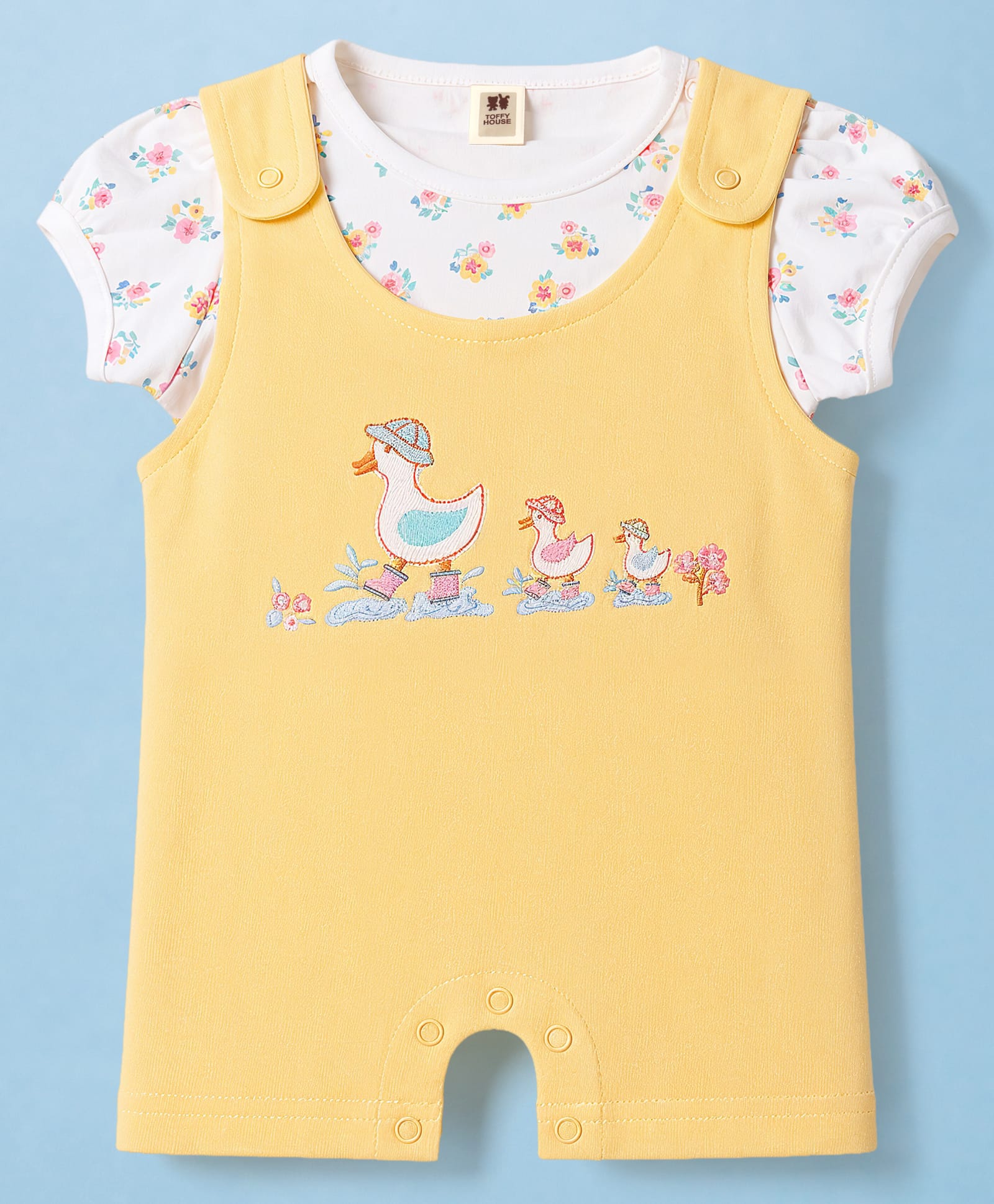 ToffyHouse Cotton Knit Dungaree & Half Sleeves Inner Tee with Duck Embroidery & Floral Print - Light Yellow-image-33