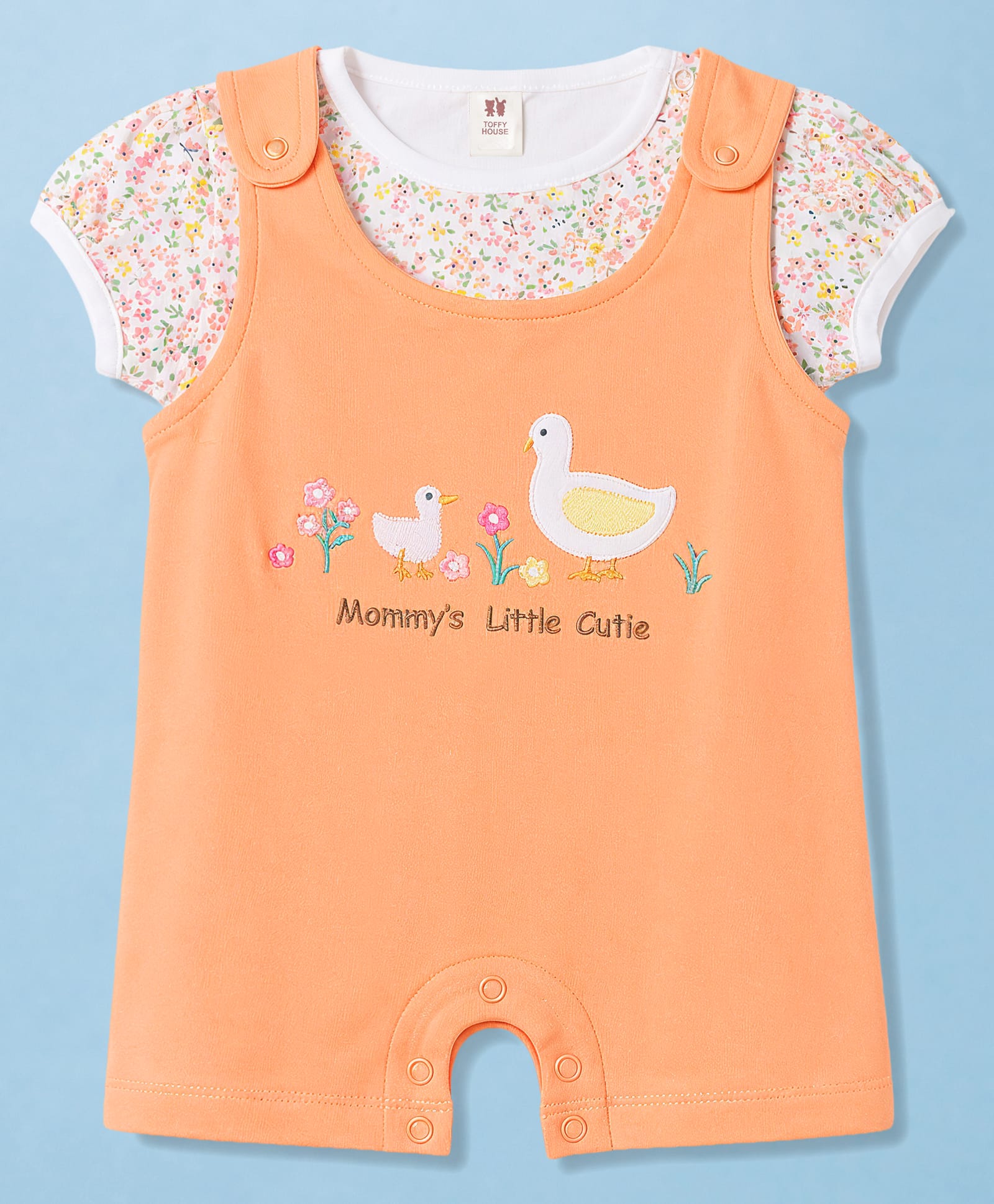 ToffyHouse Cotton Knit Dungaree & Half Sleeves Inner Tee with Duck Patch & Floral Print - Orange-picture-33