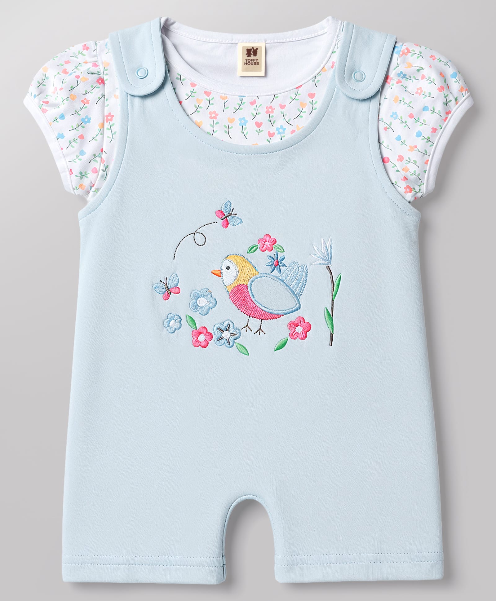ToffyHouse Knitted Half Sleeves Dungaree Style Romper with Half Sleeves T-Shirt Birds Embroidered - Lavender-image-38