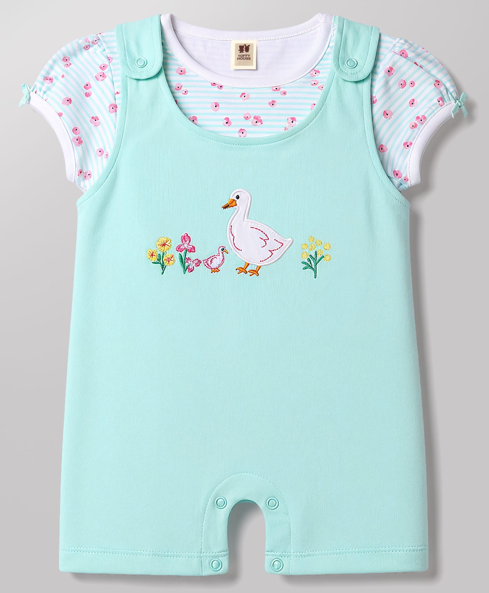 ToffyHouse Knitted Half Sleeves Dungaree Style Romper with Half Sleeves T-Shirt Birds Embroidered - Sea Green-image-3