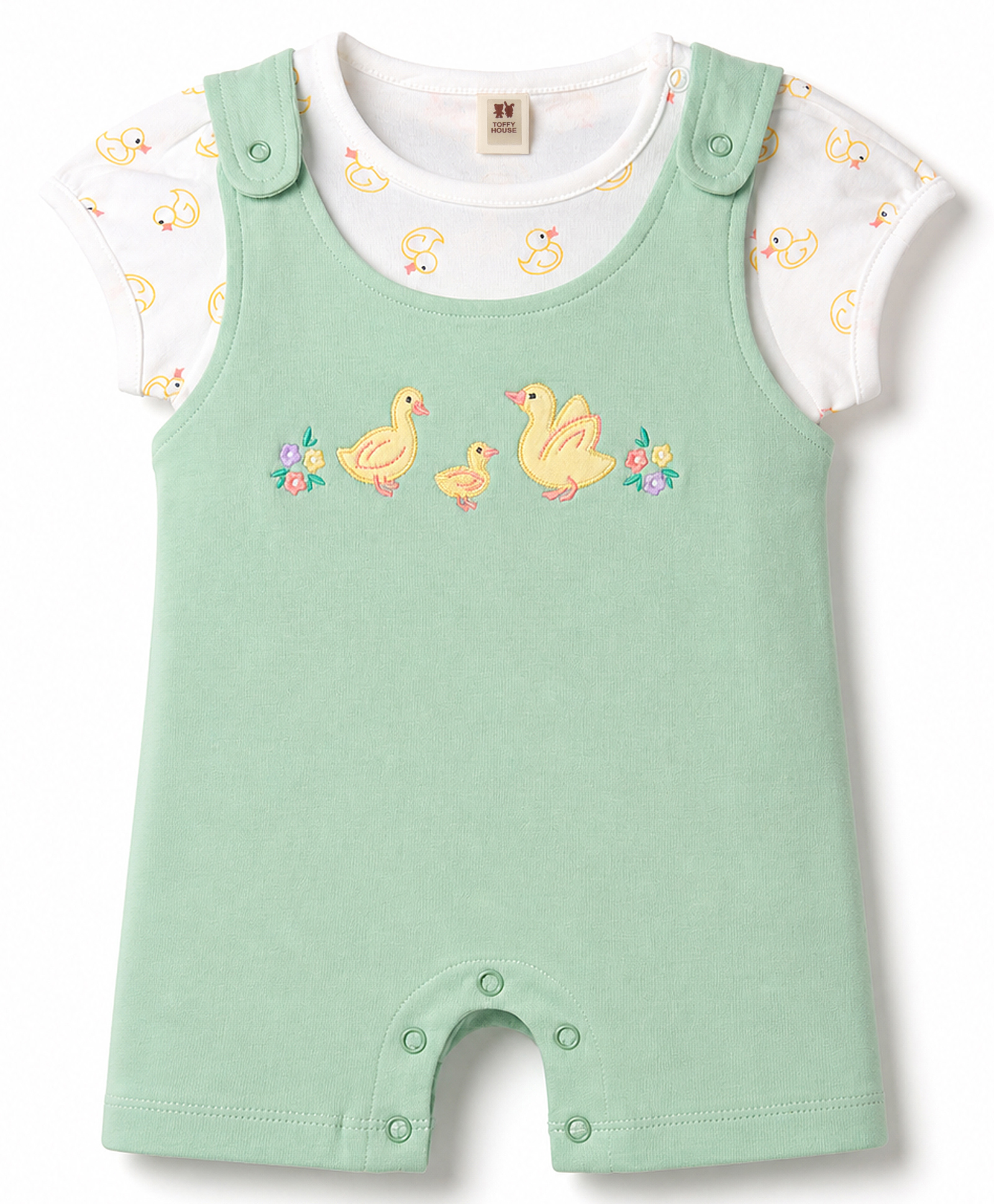 ToffyHouse Cotton Knit Dungaree & Half Sleeves Inner Tee with Duck Embroidery - Sea Green-picture-22