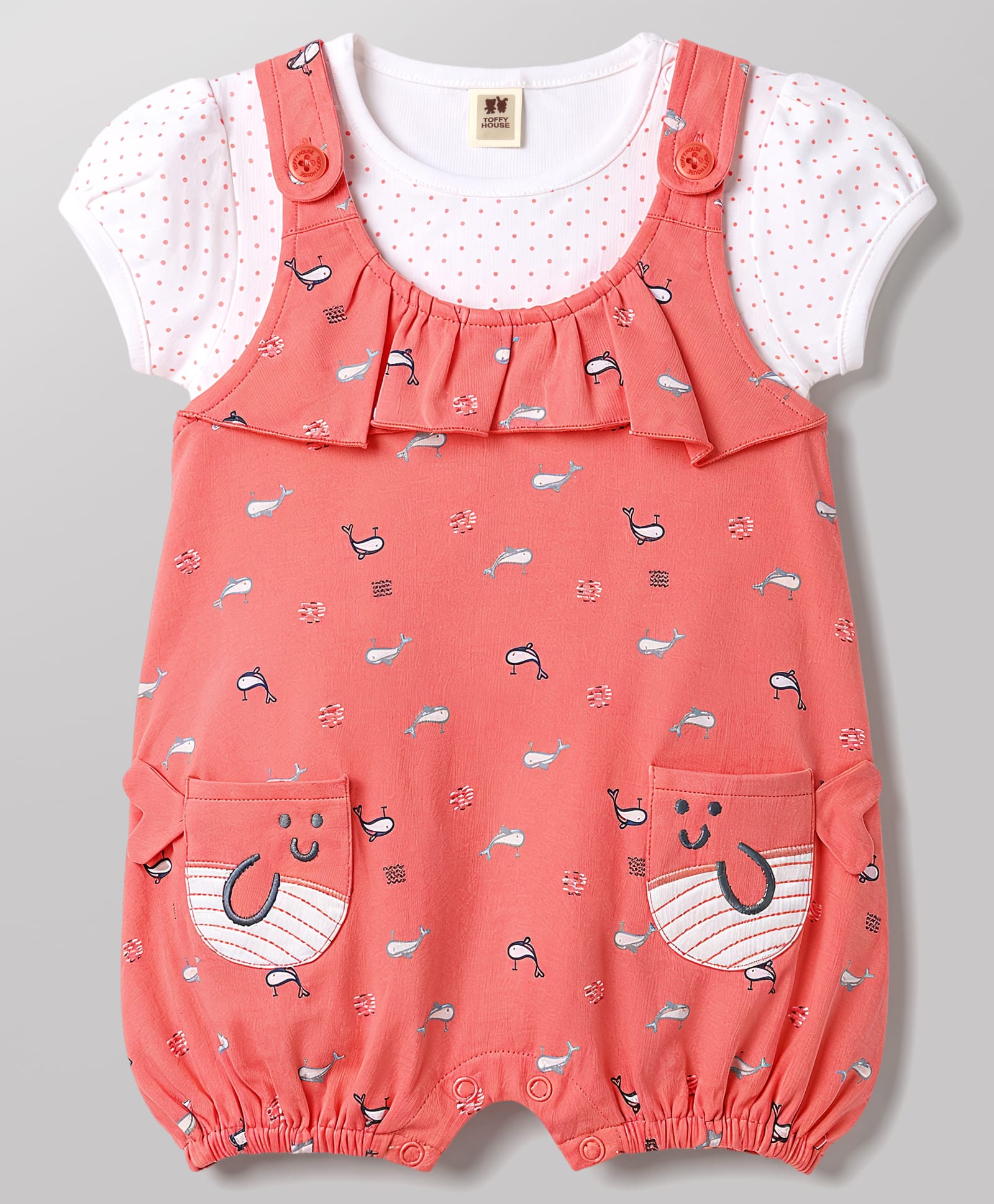 ToffyHouse Knitted Half Sleeves T-Shirt with Whale Printed Dungaree - Rust Orange-picture-28