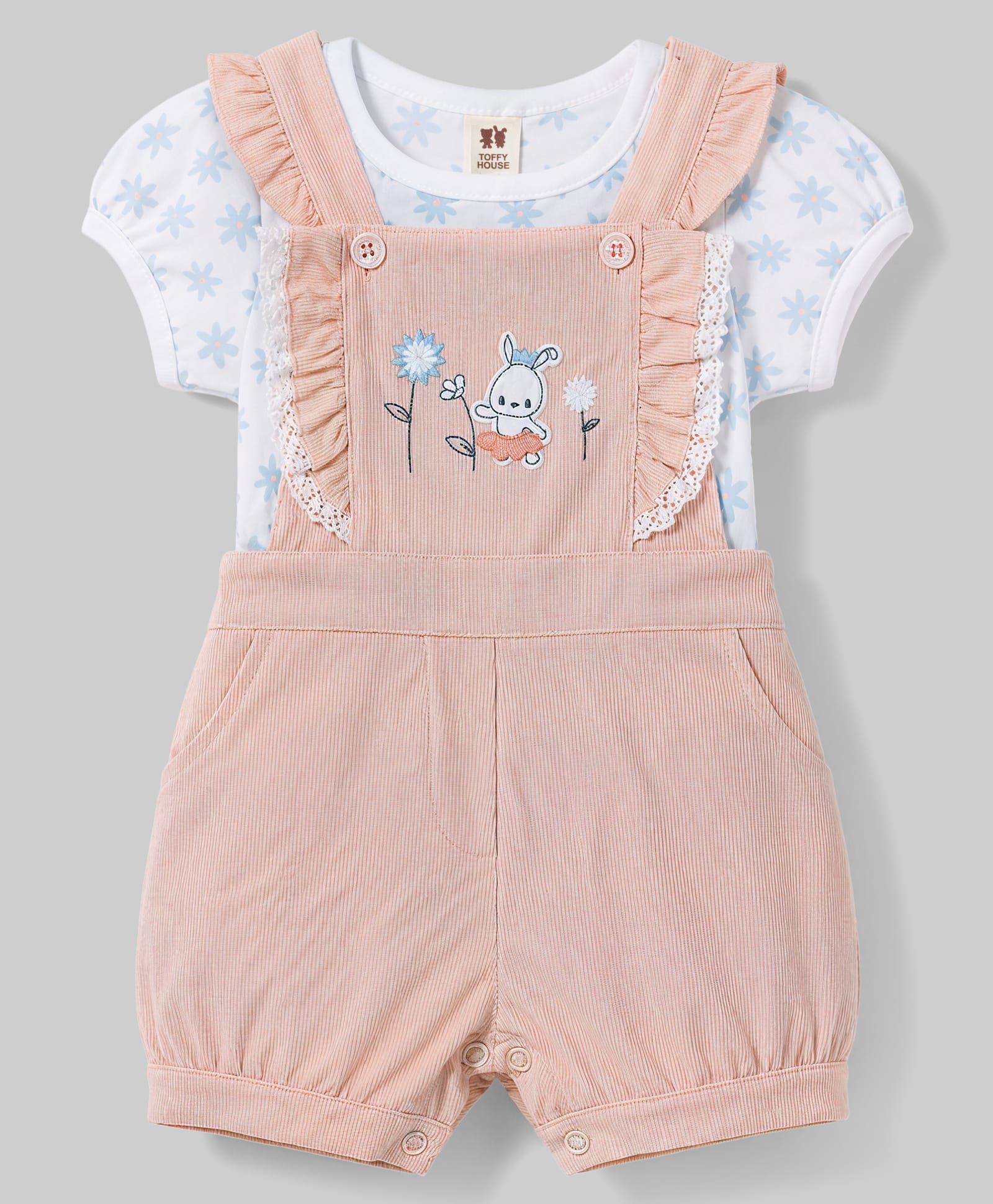 ToffyHouse Cotton Knit Dungaree & Half Sleeves Inner Tee with Bunny & Floral Embroidery - Peach-picture-23