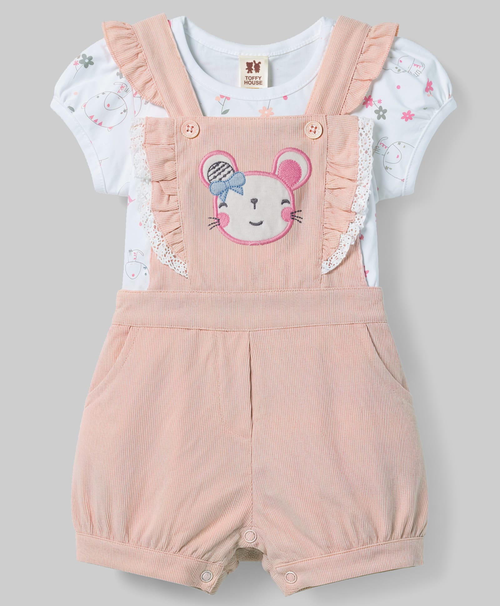 ToffyHouse Knitted Half Sleeves T-Shirt with Bunny Embroidered Dungaree - Peach-image-43